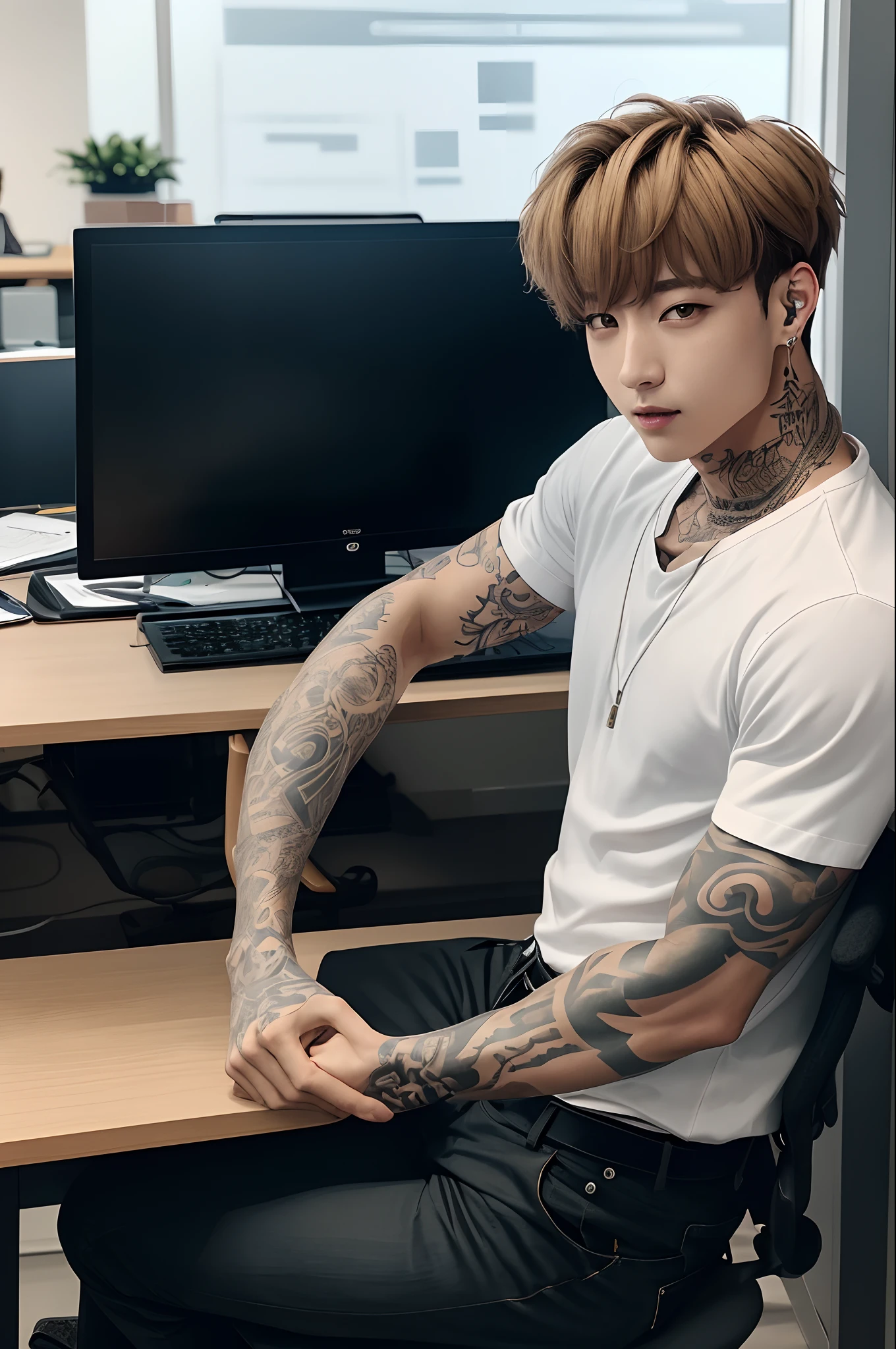 Tattooed blond Jungkook sitting in front of a desk in the office.