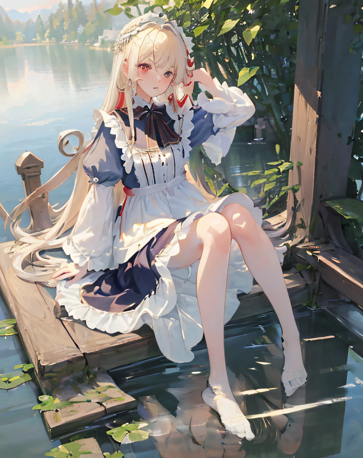 ((masterpiece)), ((high detail)), 1girl, ((ultra-detailed)),((delicated face)), Beautiful detailed eyes, (White blonde hair in gradations with red highlights,gradient hair),long hair , Floating hair, , Hair between the eyes, GSHead,1girl ,solo,red eyes,genshin_impact,look at the viewer, ((full_body,distant view)), ((white background)), (Tarot cards border, outside border),High mirror water under the feet，Step on the lake，Blue ta dress，wide - angle shot，strong light and shadow，Cinema lenses，blond hairbl