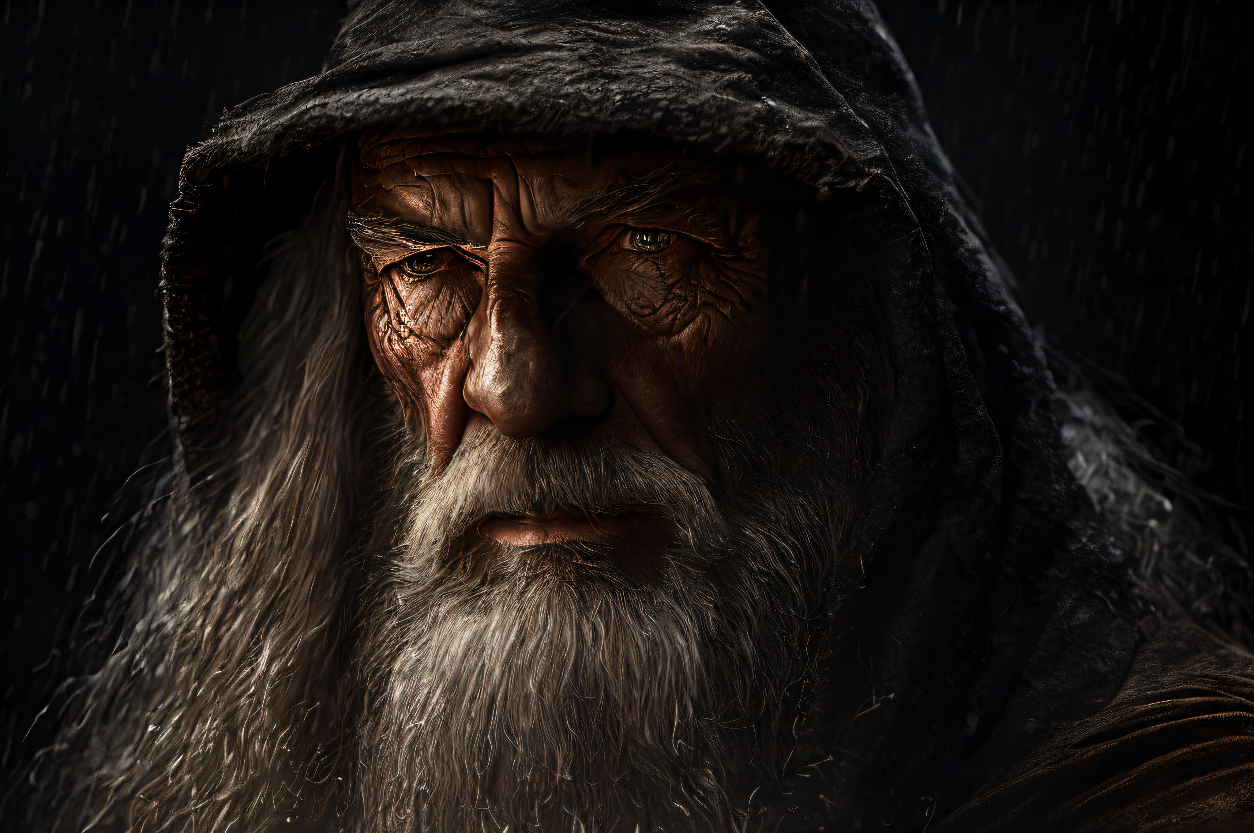 (Cinematic Photo:1.3) from (Ultra detailed:1.3) photo of the world's most beautiful artwork with smooth glossy, ((rugged muscular epic heroic fantasy of Gandalf the Btanco, in a dynamic posture)), chest, full face,(dark background:1.4) (realistic epic, hdr, intricate details, hyperdetailed, cinematic, rim light, muted: 1.5), ((fantastic location, majestic disordered environment)), skin pores,  Very dark lighting, heavy shadows, detailed and detailed face, (realistic photo, dramatic, dark, sharp focus, 8k), (damaged old damaged leather dress: 1.5), (intricate: 1.4), decadent, (highly detailed: 1.4), octane rendering, sharp focus, heavy rain, floating particles, (Cinemacolor:1.3)