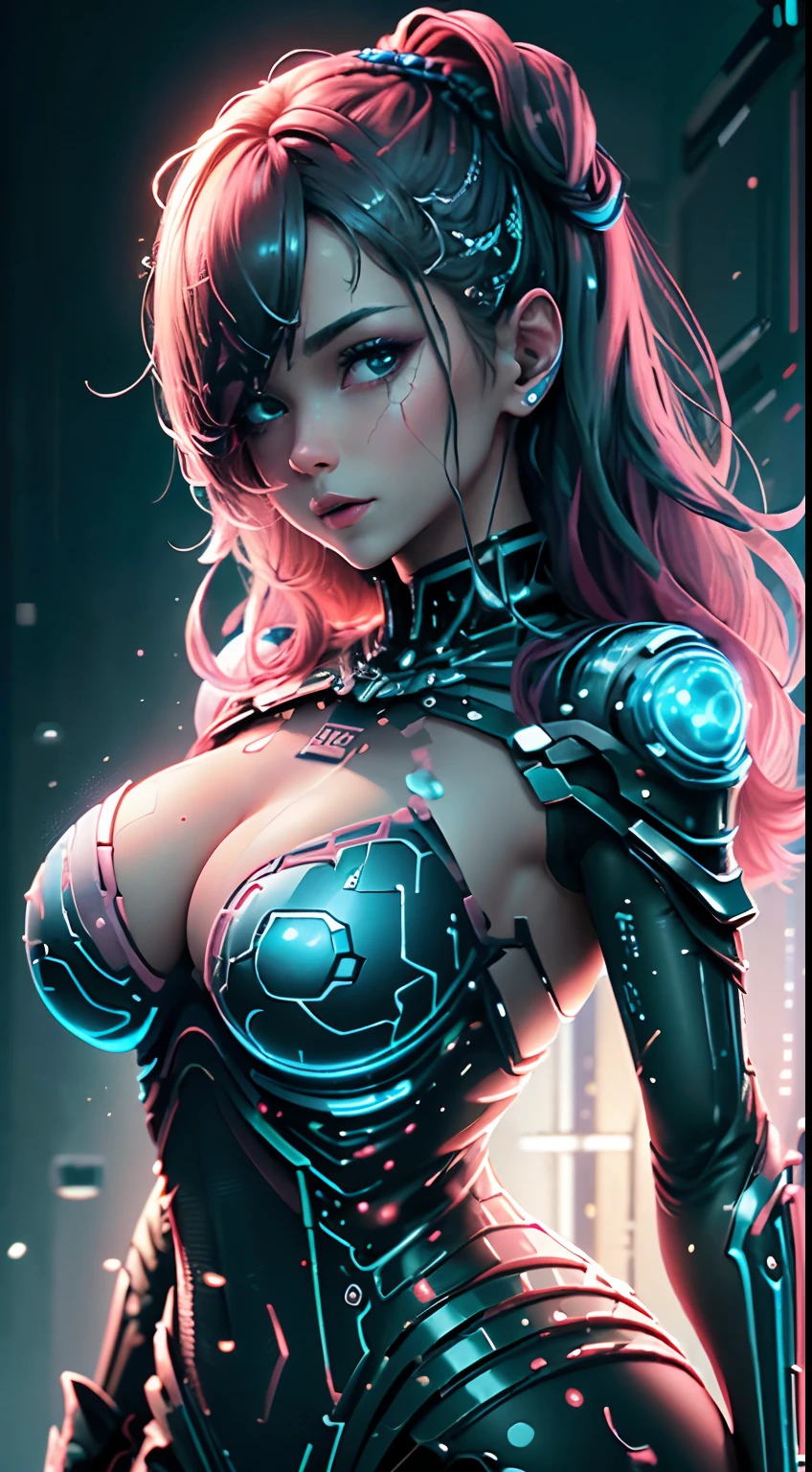 ((Better quality)), ((tmasterpiece)), (A detailed: 1.4), ..。.3D, A photo of a beautiful cyberpunk woman，Has thick and fluffy hair, light particules, Pure energy, chaos, Anti-tech, hdr (HighDynamicRange), Ray traching ,Lab Room:1.4, NVIDIA RTX, Hyper-Resolution, Unreal 5, Subsurface dispersion, Textured nitrile rubber, posprocesamiento, Anisotropic filtering, depth of fields, Maximum clarity and sharpness, Many-Layer Textures, Albedo e mapas Speculares, Surface Coloring, Accurate simulation of light-material interaction,perfectly proportions,Octane number representation,twotonelighting,largeaperture,The following International Organization for Standardization,White balance,(blue backdrop+Pink big breasts:1.4),Manos detailed:1.4, the rule of thirds,Original 8K, unreal-engine:1.4,hyper HD,Best quality:1.4, Fotorrealista:1.4, skin texture:1.4, tmasterpiece:1.8,
