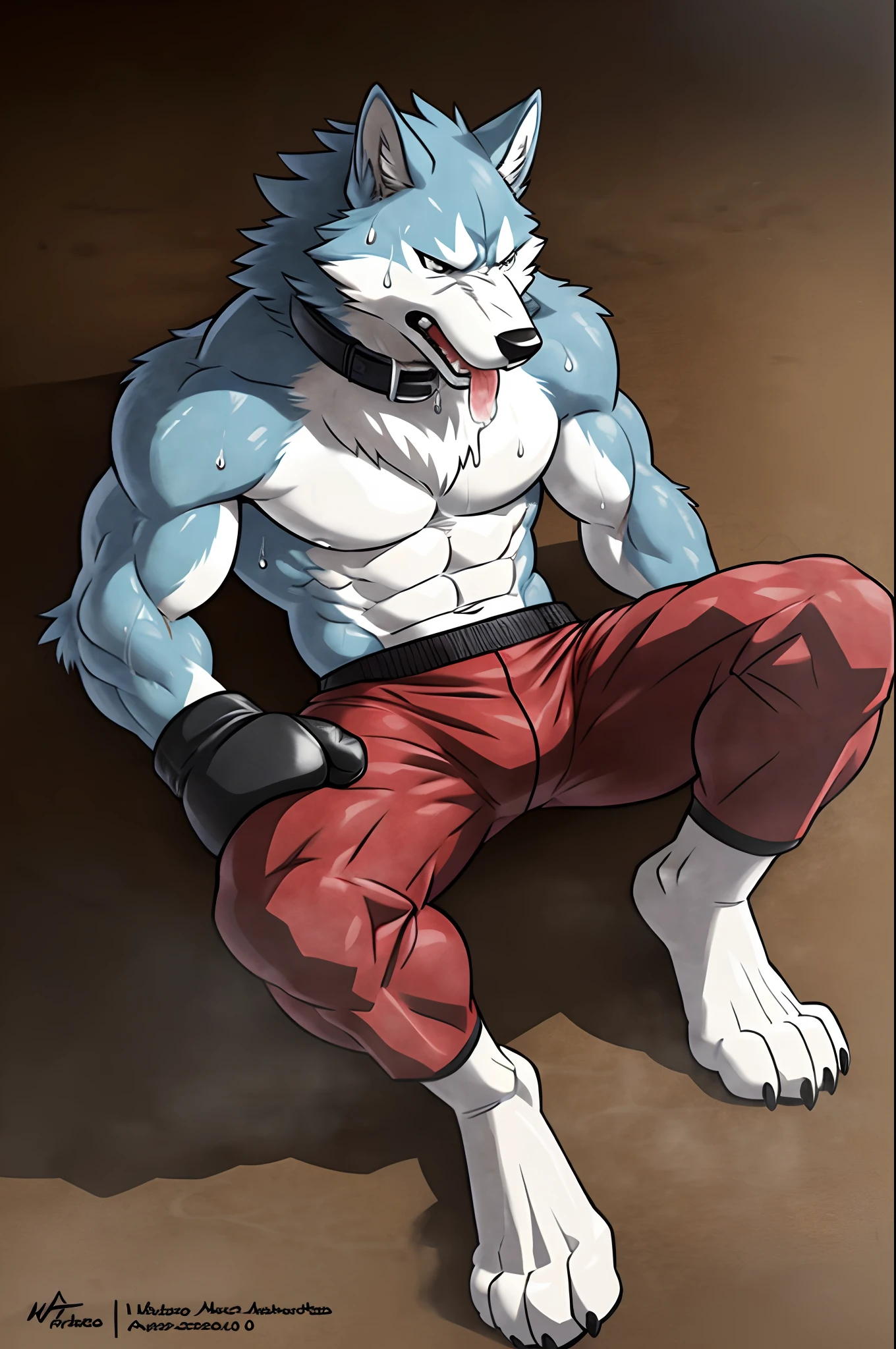 ((solo)), (anthro) wolf, shirou_ogami:1.8 (bna), adult, mature, masculine, slim:1.2, skinny:1.2, tall:1, (correct anatomy:1.2), vascular veins, (cartoon fur, detailed fur texture:1.3), topless, wearing big black collar (shirtless, boxing gloves, compression shorts), ultradetailed, (by wfa:1.2), (by takemoto_arashi, by vorusuarts, by Traver009:1, by grimfaust:1), natural lighting (boxing_ring:1.4 background), (sweat:1.4, wet:1.6), (lots of sweat flowing down) exhausted, wolf head ((open eyes, detailed):1.2), open mouth (steaming breath:1.2, drooling, dripping saliva, thick drool) tongue sticking out, (serious:1.4) expression), grumpy, sad, lying down, collapsed, defeat