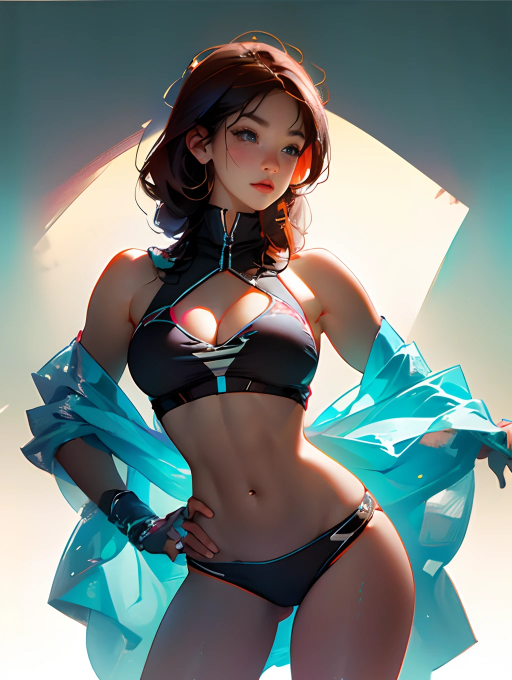 1girl in, (muscular: 0.7), nabel, thighs thighs thighs thighs, bare shoulders, simple background, sports wear, smil, large full breasts, big butts (masterpiece, hightquality: 1.1), perfect eyes, Totally sexy face, sexy body, ultra-detailliert, Cameltu Avanttahad, large full breasts, Pose Erotica, Micro Bikini, ,body builder, 美丽的面容, Serious face, perfect eyes, perfect bodies, Healthy body, lower abdom, muscular, Detailed body structure, All parts are clearly visible,