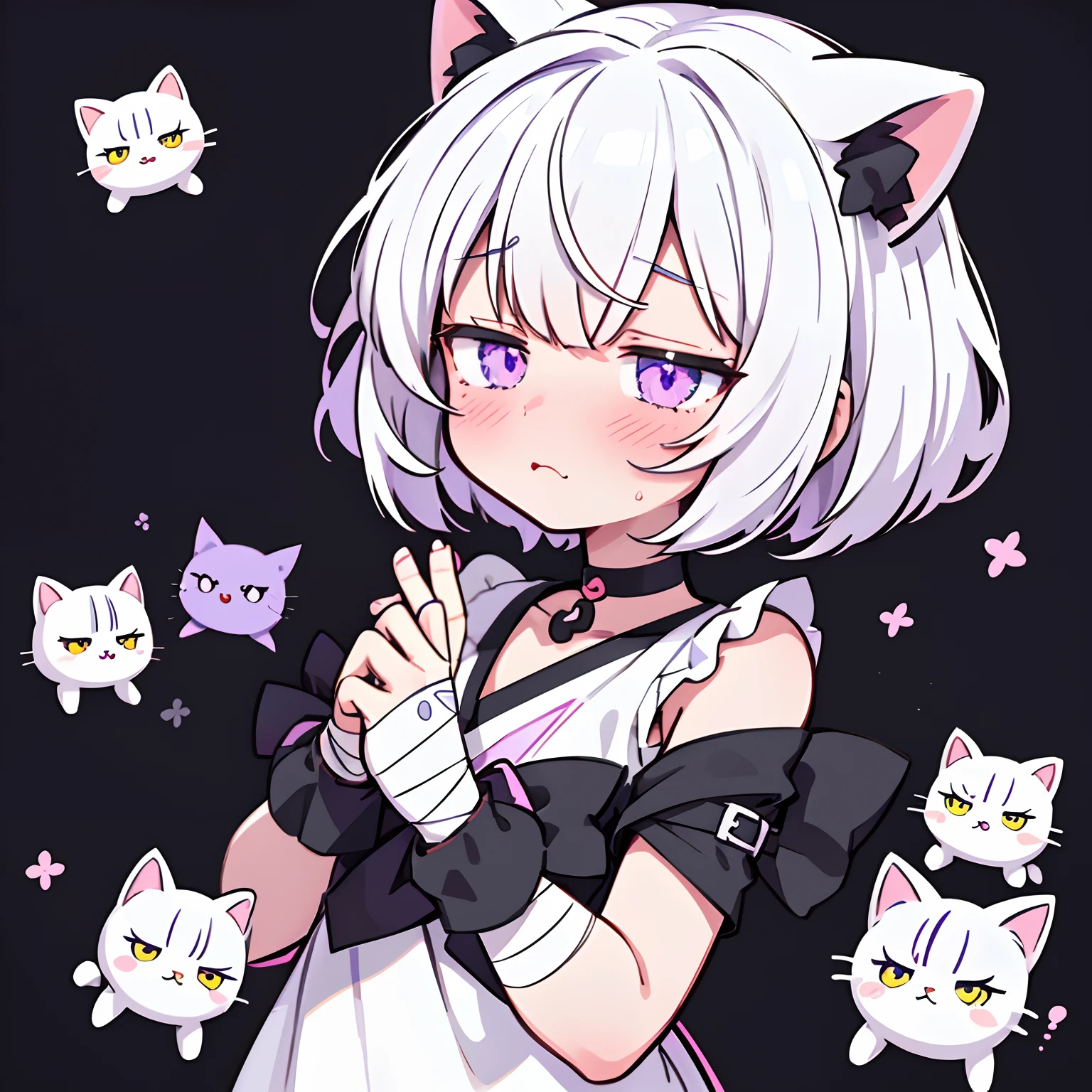 Anime girl with short white hair just above her shoulders, black pajamas, Choker,purple bows on hair, bandages on the hands,cute anime catgirl, anime cat girl, female furry mini cute style, anime style character, flat anime style ,One character,Anime vtuber model, anime moe artstyle, white cat girl,violet eyes,vibe,Comfort,The girl is embarrassed,blushed,His eyes look away in confusion