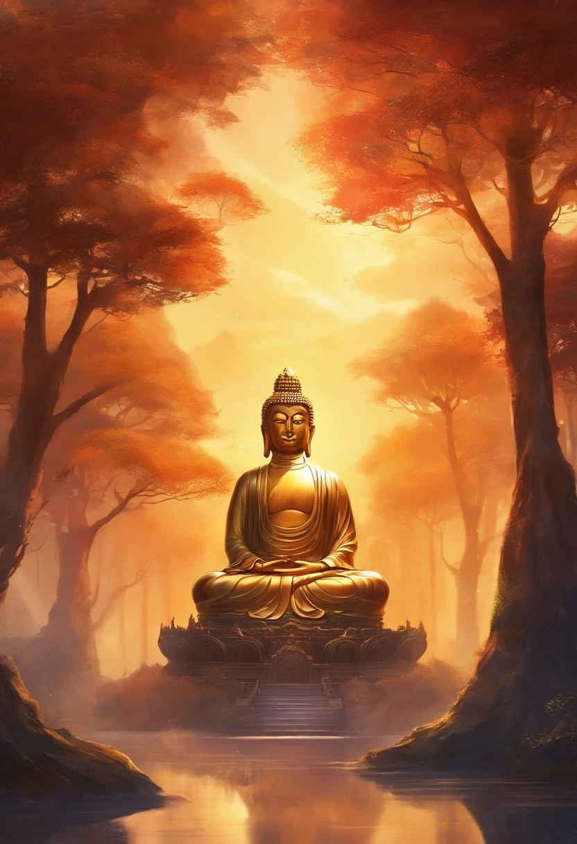 A giant Chinese-style Buddha statue in the distance,Golden Buddha statue, textura, alto, majestoso, imagem invertida, The background is illuminated by sunlight, towering trees, Peregrinos percorrem a estrada. The composition is beautiful, Com obras-primas, Detalhes, and high definition