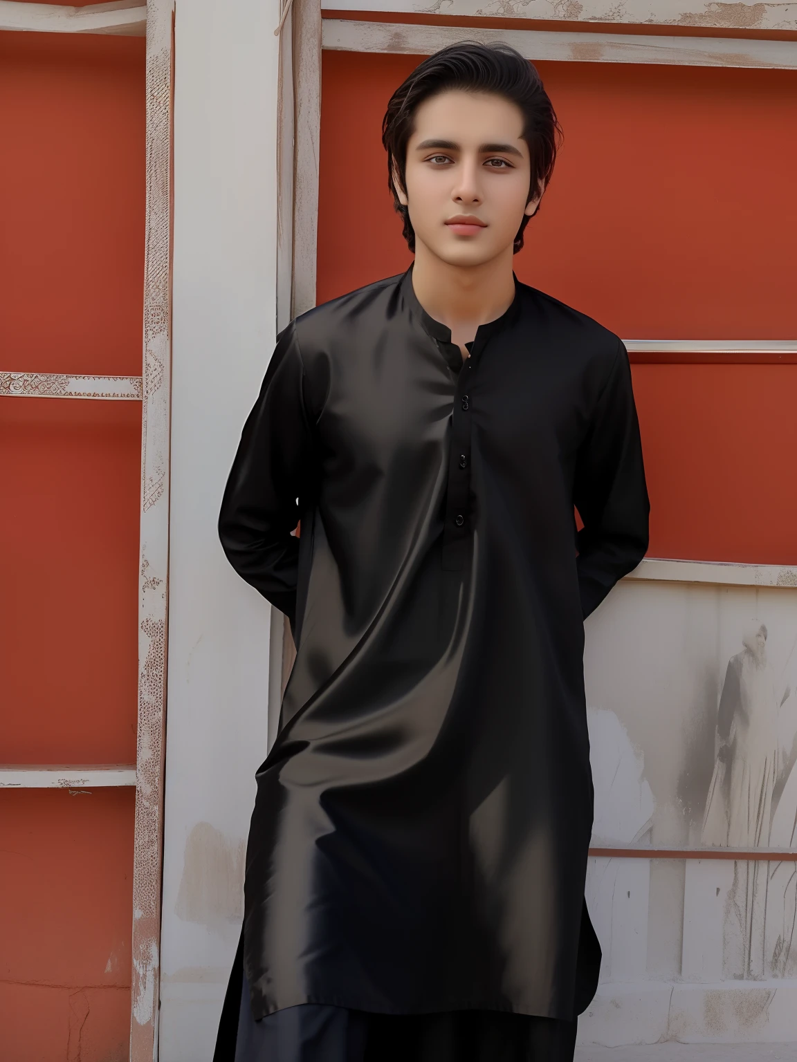 araffe man in black shirt standing in front of a wall, an afghan male type, wearing a kurta, kyza saleem, he is wearing a black, khyzyl saleem, full body picture, around 1 9 , wearing a silk kurta, handsome man, with lovely look, by Riza Abbasi