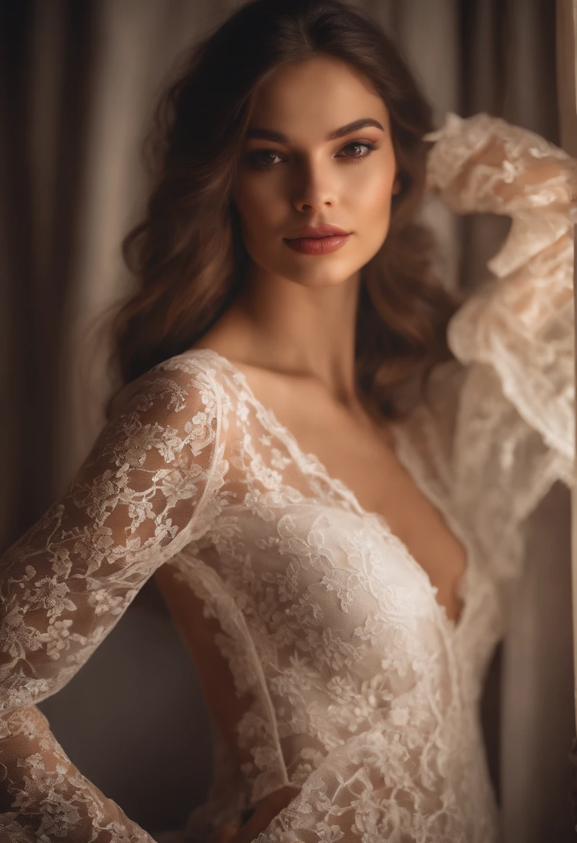 Woman in a sexy white lace dress, White lace masquerade mask, Detailed facial features, Beautiful Eyes, Perfect Skin, Elegant pose, Complex lace pattern, High Fashion Studio Lighting, Full Body Shot, Cinematic atmosphere, Warm and soft lighting, Realistic, 8K, masterpiece