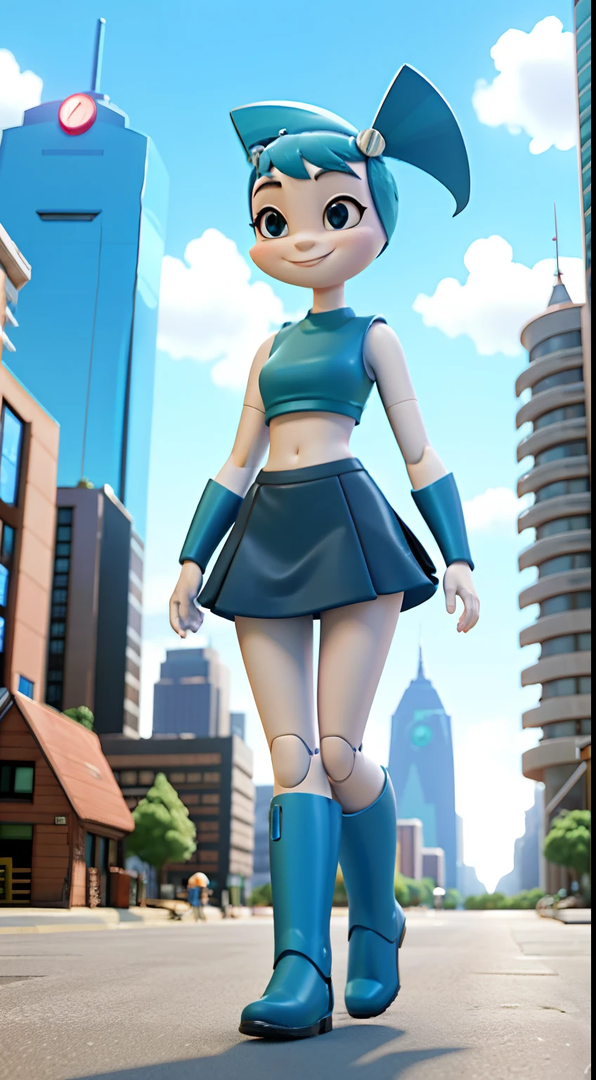 Walking down a futuristic city, looking at viewer, smiling, blue midriff, blue miniskirt, metallic body, robot joints, daytime, blue pigtails, blue knee high boots