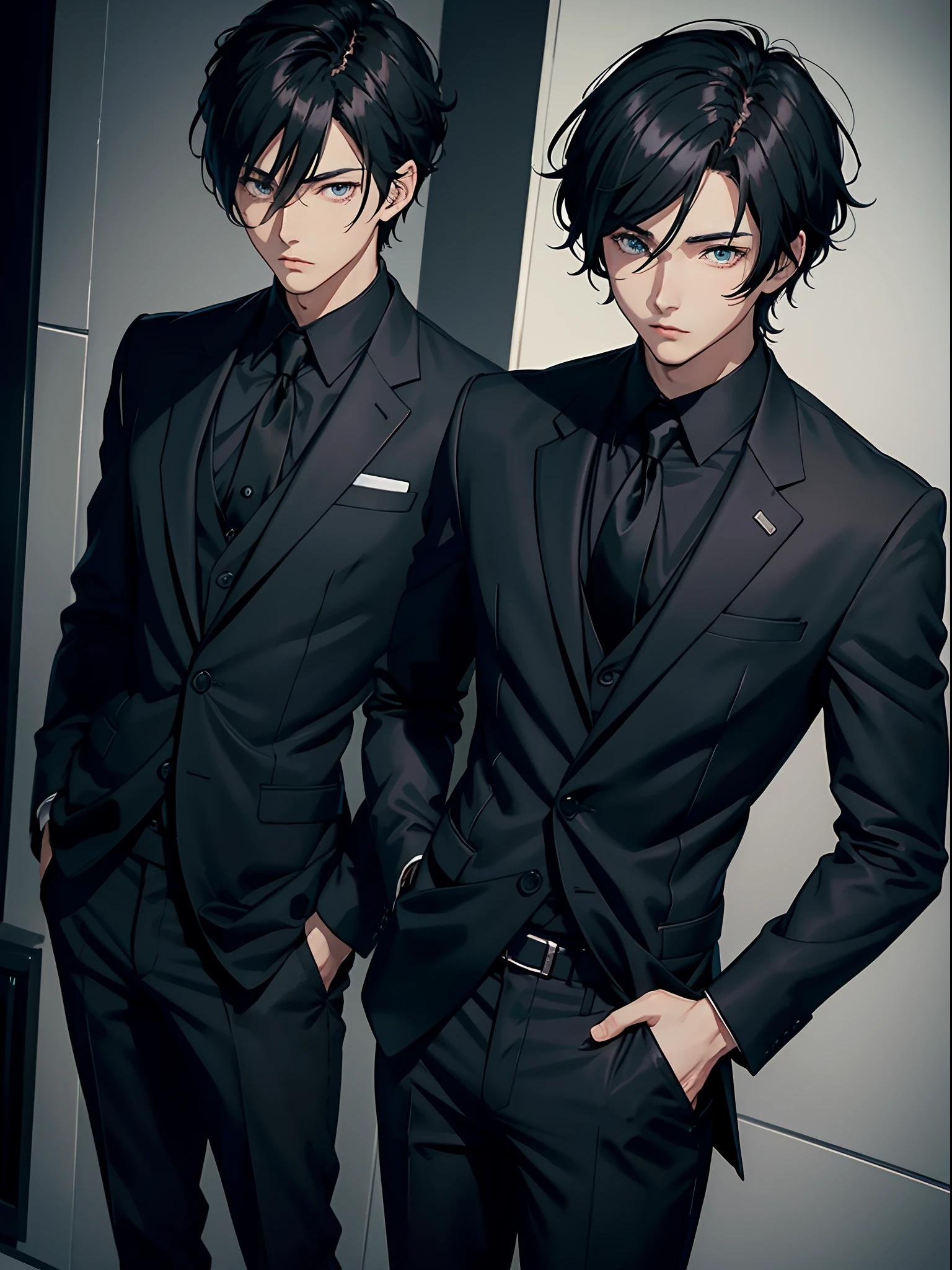 anime handsome man, black shirt and formal pants, slim, black gloves, black hair, gray eyes