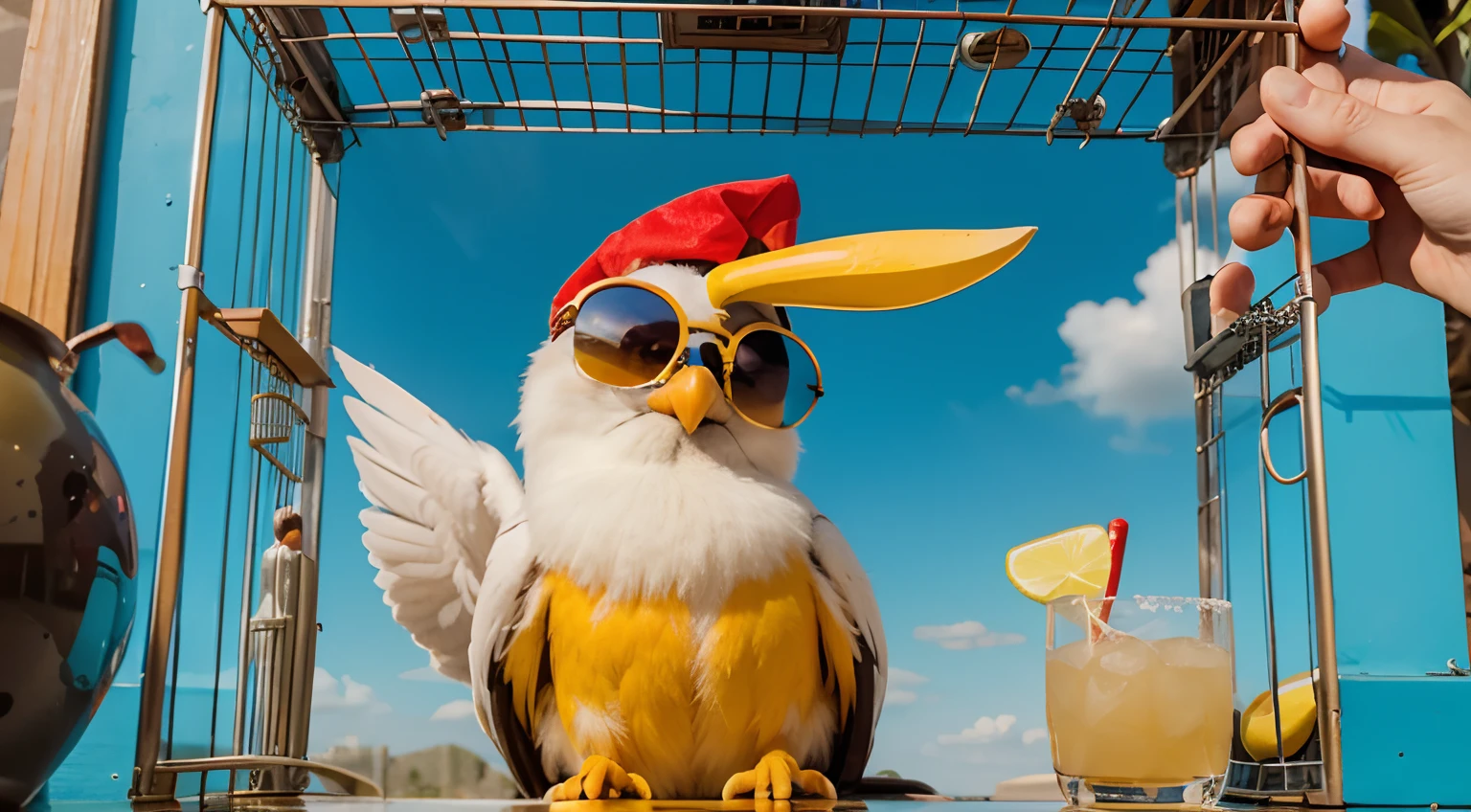 Cartoon bird with sunglasses sitting in his cage drinking a margarita