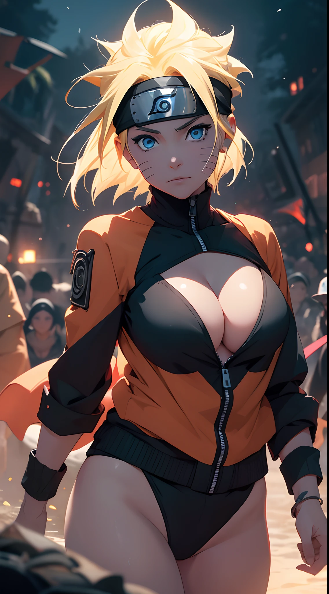 Naruto Uchiha Vortex is super realistic,detail-rich,Super short blonde hair, ninja suit, swimsuit:1.34,Forehead,one-girl,Large breasts,cleavage,Be red in the face,best qualityer,tmasterpiece, Johnny Depp walks across the beach at night among fireflies,sharp fokus, contrasty lighting, Delicate skin, High resolution 8K, insanely details, realisticlying, professional photoshooting, 8K UHD, SLR camera, softlighting, high high quality, filmgrain, Fujifilm XT3,Keep one's mouth shut,particle fx