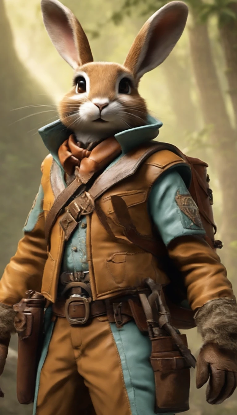Anthropomorphic, adventurous rabbit, Goggles, rabbit head and rabbit tail, dressed in an explorer suit, with clothing designs and delicate clothing details in the style of Tomb Raider and Assassin Creed,Costumes and props for a warhammer fantasy RPG highwayman adventurer's kit and gear, knolling, knolling layout, earth tones, natural materials, Deconstructed, highly detailed, depth,abstract modern art trippy psychedelic colorful surrealism :: retro futuristic sci-fi fantasyThe Jetsons glamour and adventure, artista aaaron, beautiful artworks for desktop, smartphone, wallpaper, in the style of adventure themed, colorful melancholy, 8k resolution, hikecore, 2d, colorful