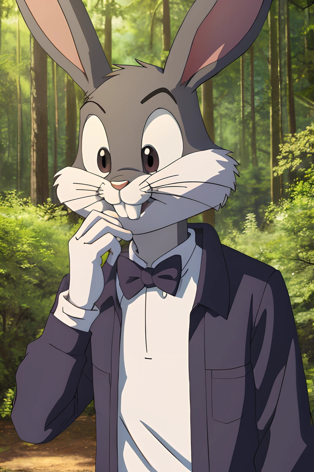 gloves, male, solo, bugs bunny, rabbit, buckteeth, forest, long ears, grey body, grey fur, white fur,furry,, forest, upper body, short-sleeved jacket with white lining,16k(detailed face and eyes:1.3), ,furry,no humans, Ultra-detail,(highres:1.1),best quality,(masterpiece:1.3),anime style, anime screencap, 2010s_\(style\),