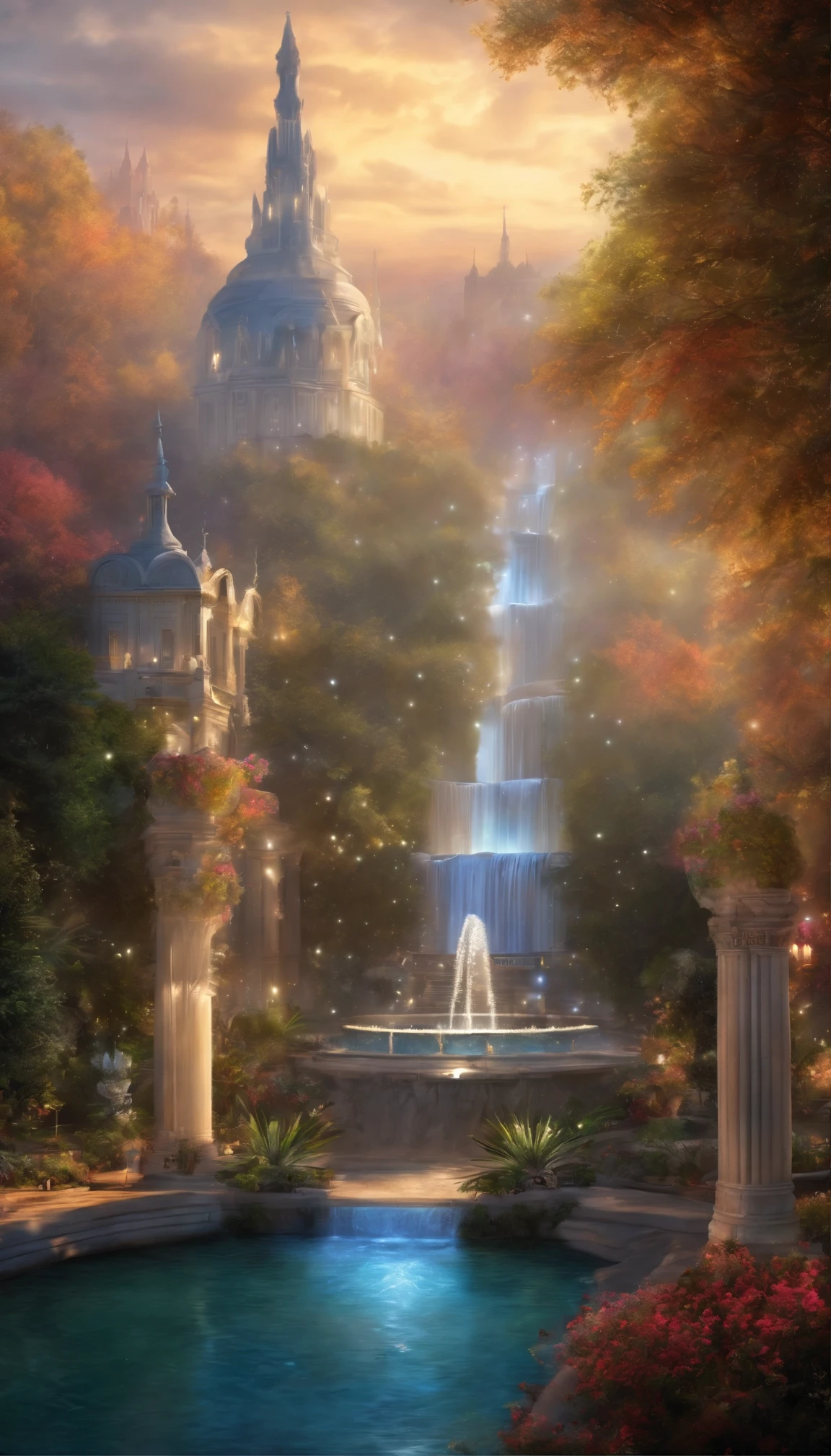 "Imagine a magical city with crystal streets that reflect celestial light, where a majestic fountain surrounded by luminous trees radiates a divine glow."