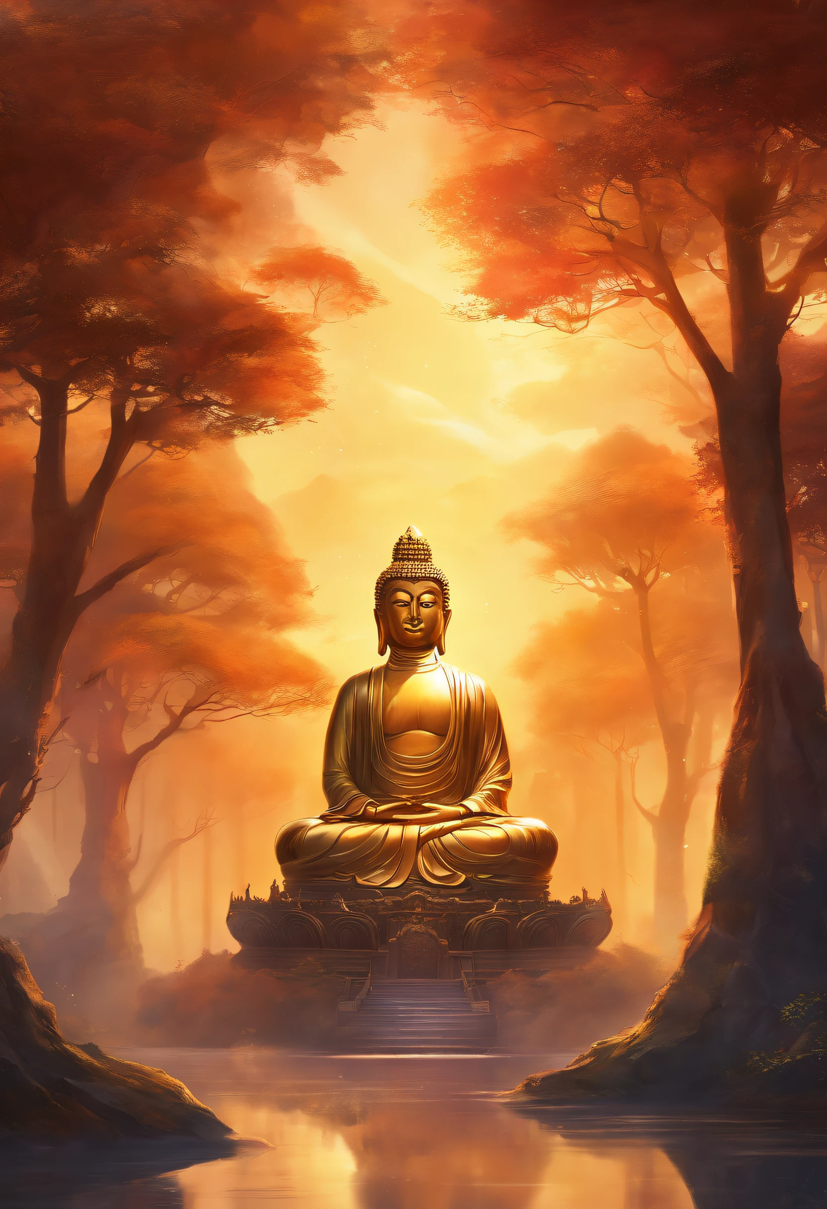 Giant Buddha statue in the distance,Golden Buddha statue, Texture, Tall, Majestic, inverted image, The background is illuminated by sunlight, Towering trees, Pilgrims walk the road. The composition is beautiful, With masterpieces, Details, and high definition