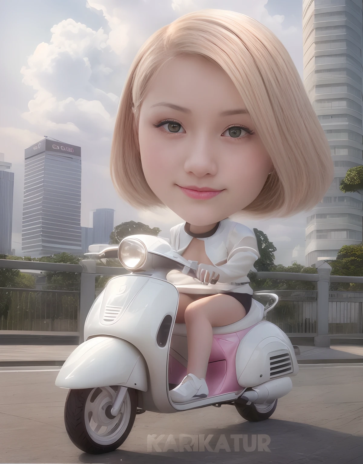 Highest image quality, outstanding details, ultra-high resolution, (realism: 1.4), the best illustration, favor details, highly condensed 1girl, with a delicate and beautiful face, dressed in a white and fuschia mecha, holding a directional controller, riding on a motorcycle, the background is a high-tech lighting scene of the future city.