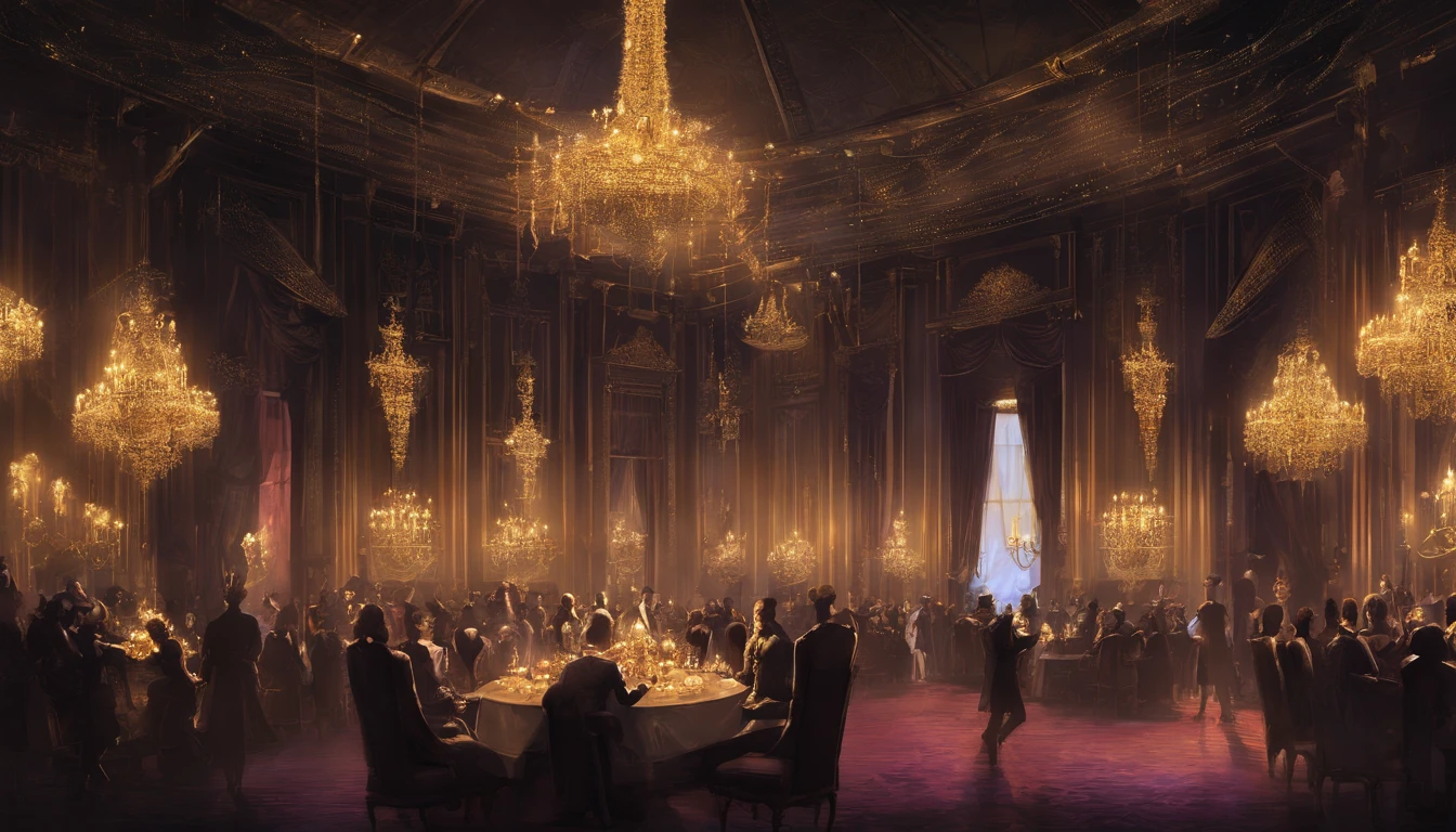 A dark regal ball room with high chandeliers hanging from the ceiling. There is an open floor. There are masquerade masked people dancing waltz and a banquet. There is music playing.