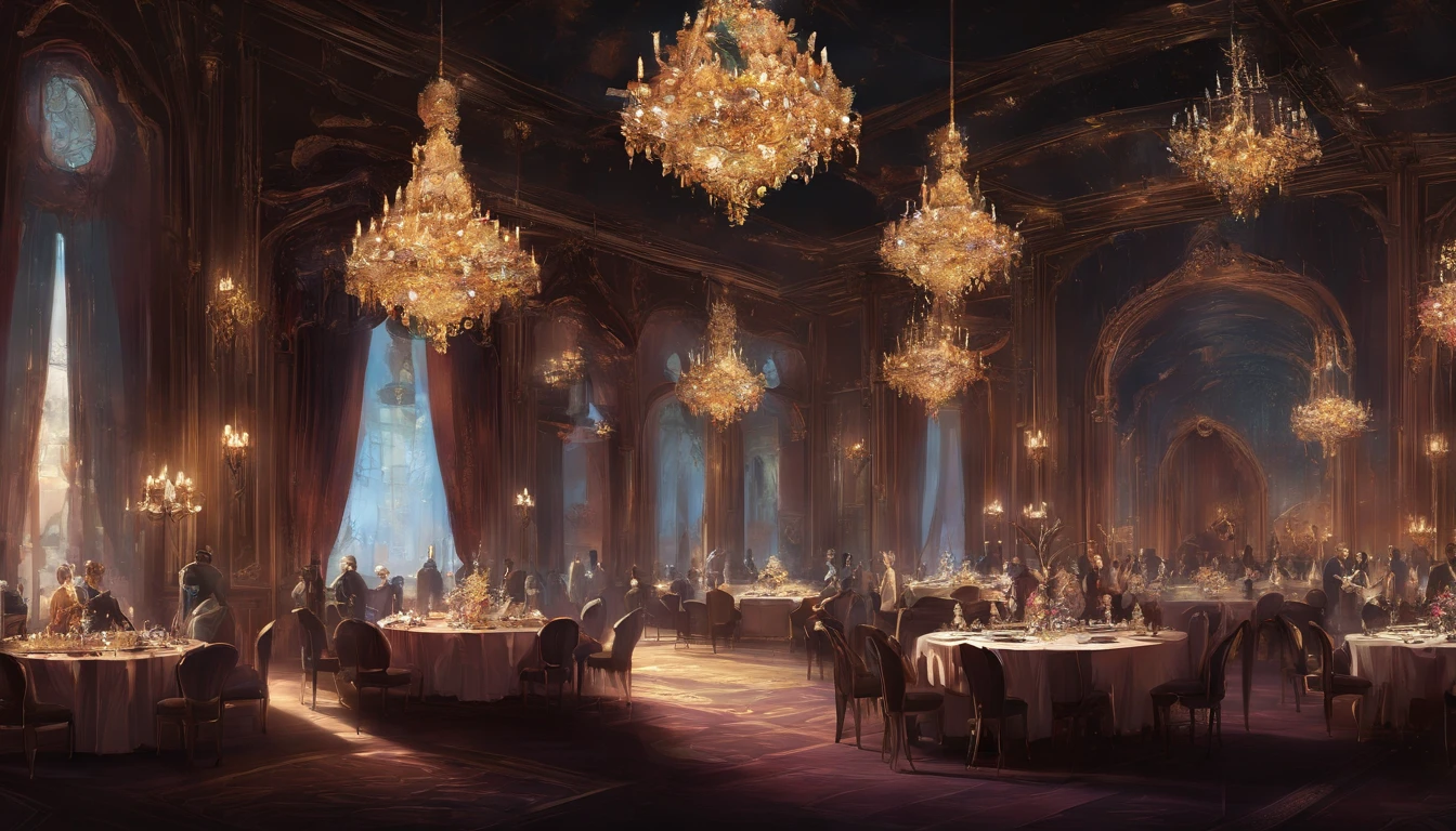 A dark regal ball room with high chandeliers hanging from the ceiling. There is an open floor. There are masquerade masked people dancing waltz and a banquet. There is music playing.