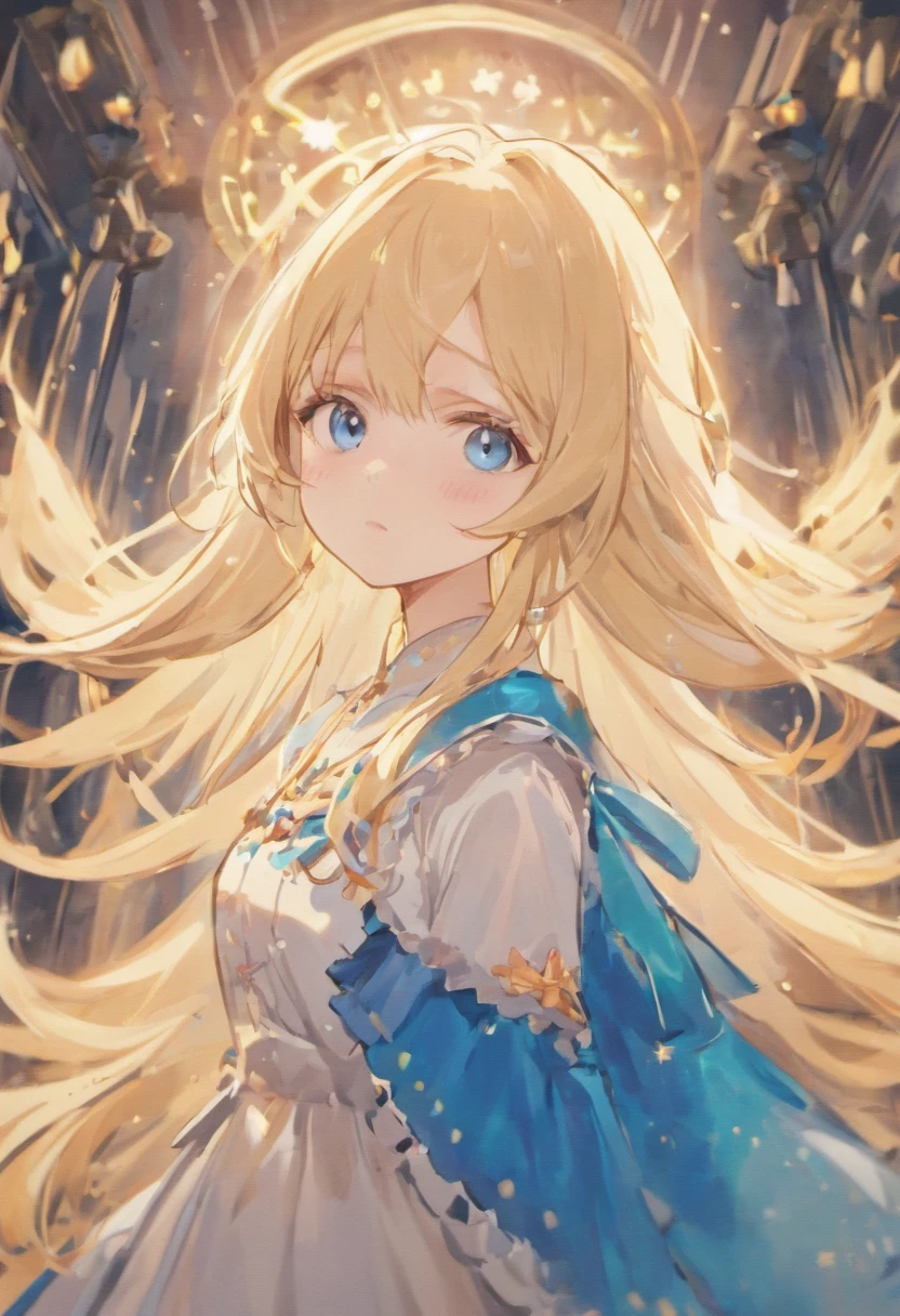 blond hairbl，Silver pupils，Blue Lolita dress，Bright and very beautiful face，young and shiny white shiny skin，Super long silky straight hair，Super long silky straight hair