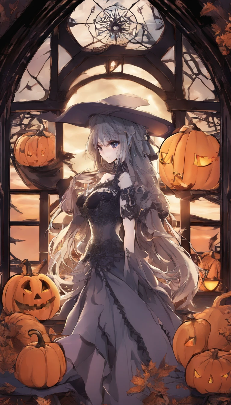 epic art, fantasy, jack-o'-lantern, pumpkin, breasts, halloween, 1girl, witch_hat, detached_sleeves, solo, cleavage, large_breasts, bare_shoulders, lantern, looking_at_viewer, food, night, indoors, dress, fur_trim, window, holding, "long shot scenic professional photograph of {prompt}, perfect viewpoint, highly detailed, wide-angle lens, hyper realistic, with dramatic sky, polarizing filter, natural lighting, vivid colors, everything in sharp focus, HDR, UHD, 64K", anime coloring, anime screencap, steaming body, fog, heavy breathing,