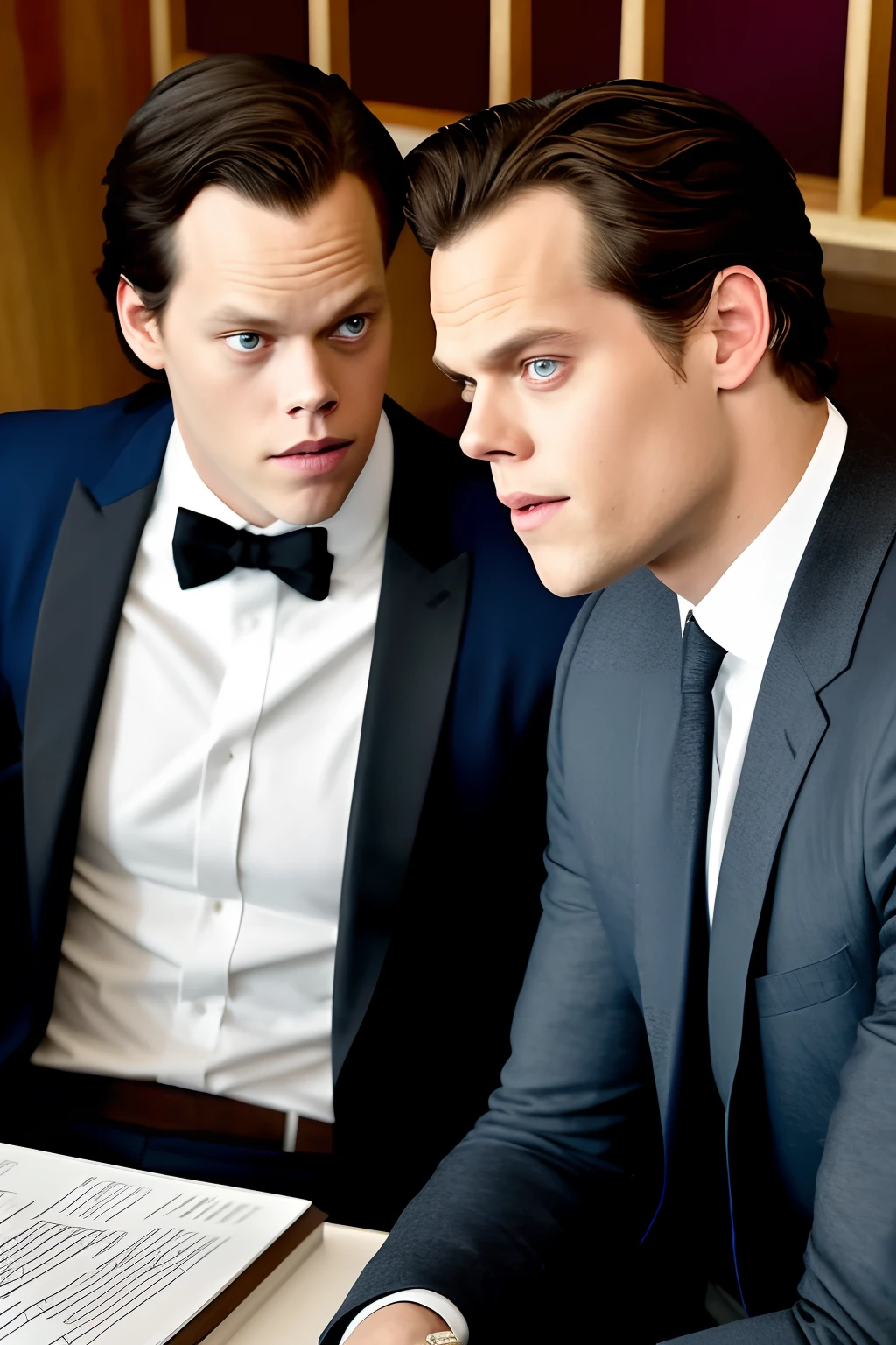 Bill Skarsgard A s s over a desk in front of Henry Cavill