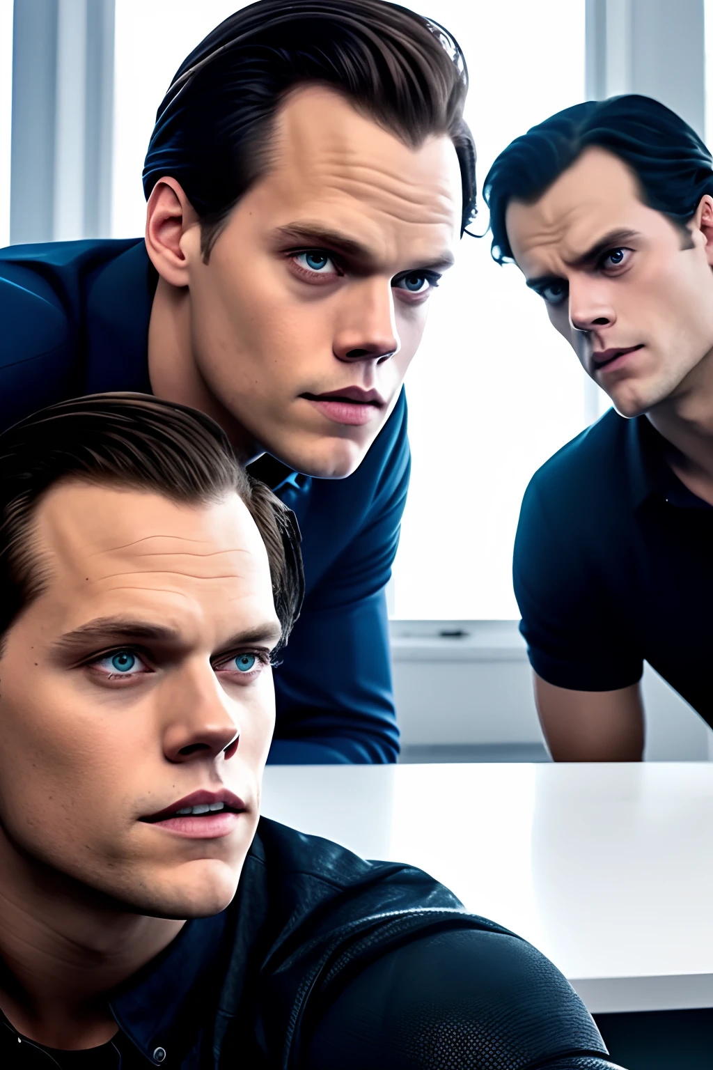 Bill Skarsgard A  s  s over a desk in front of Henry Cavill
