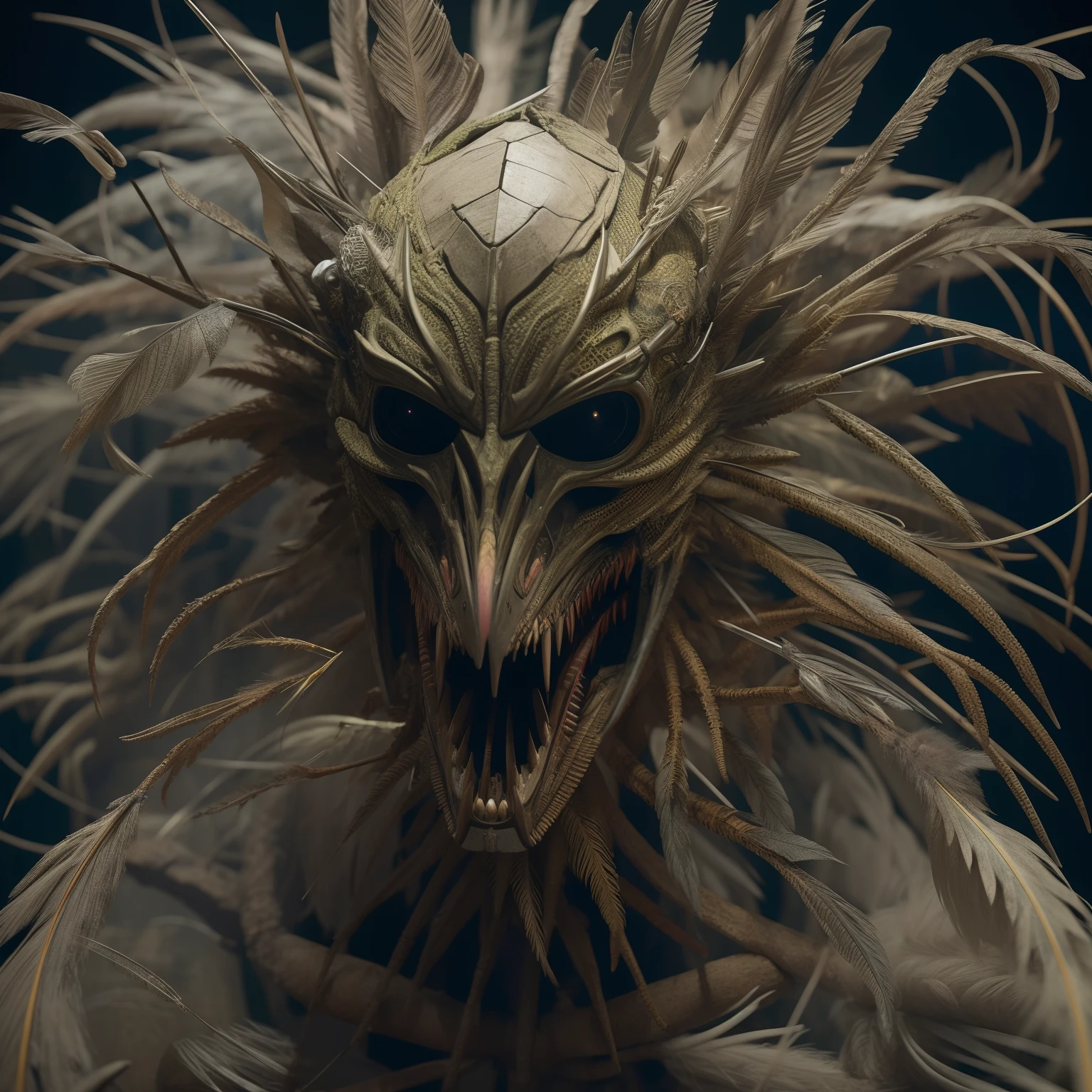full-body shot, hyper detailed, Close-up of a creeping creature with its mouth open, Human feather head, by Stephen James Petruccio, ugly, body horror, disturbing, Taken in photo studio, Pathological and antibacterial images, nightmare, Hybrid fused with human, Because you're dead., People and creatures walking, official artwork, Lighting provided, Sarcasm, Beaks, Limb mutations, ((Incredible textures details)) and particles - C 65