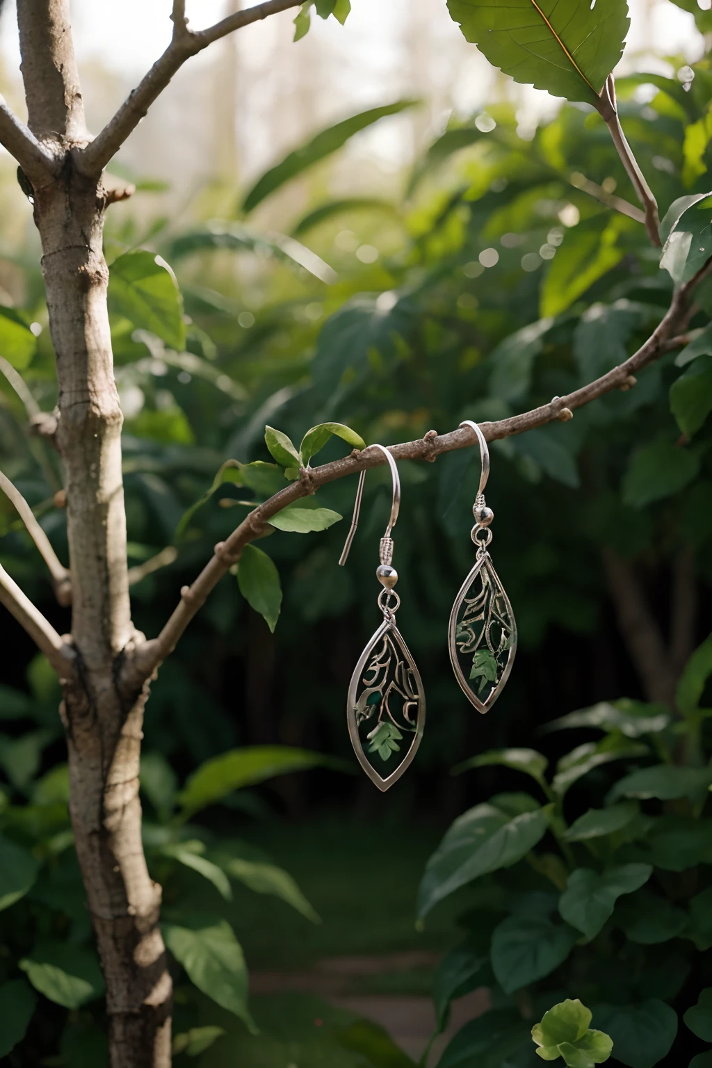Create an artistic image of your sterling silver snake earrings as if they are suspended in the air, with a delicate vine growing around them. The background can be a watercolor of soft blues and greens, evoking a feeling of nature and tranquility. The earrings should be the focal point of the look, with the intricate open work of the leaf charms highlighted in contrast to the simplicity of the earring wires. The image should capture the essence of the earrings: beautiful and delicate, perfect for everyday wear or as a thoughtful gift for someone special.