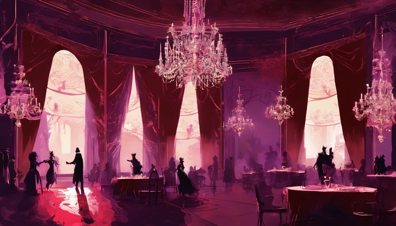 A dark red and purple regal ball room with high chandeliers hanging from the ceiling. There is an open floor. There are masquerade masked people dancing waltz and a banquet. There is music playing. It is evil and sinister.