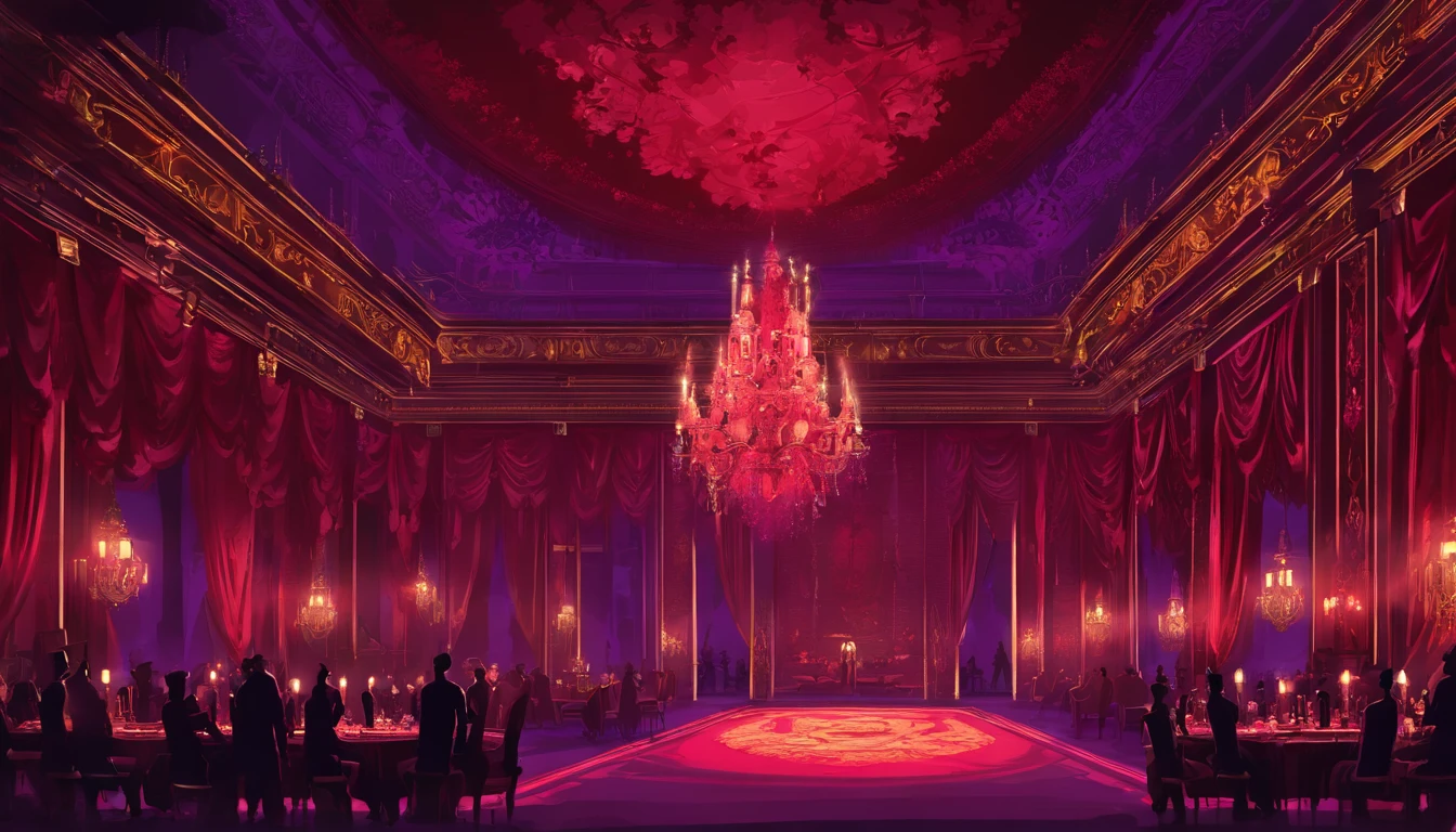 A dark red and purple regal ball room with high chandeliers hanging from the ceiling. There is an open floor. There are masquerade masked people dancing waltz and a banquet. There is music playing. It is evil and sinister.
