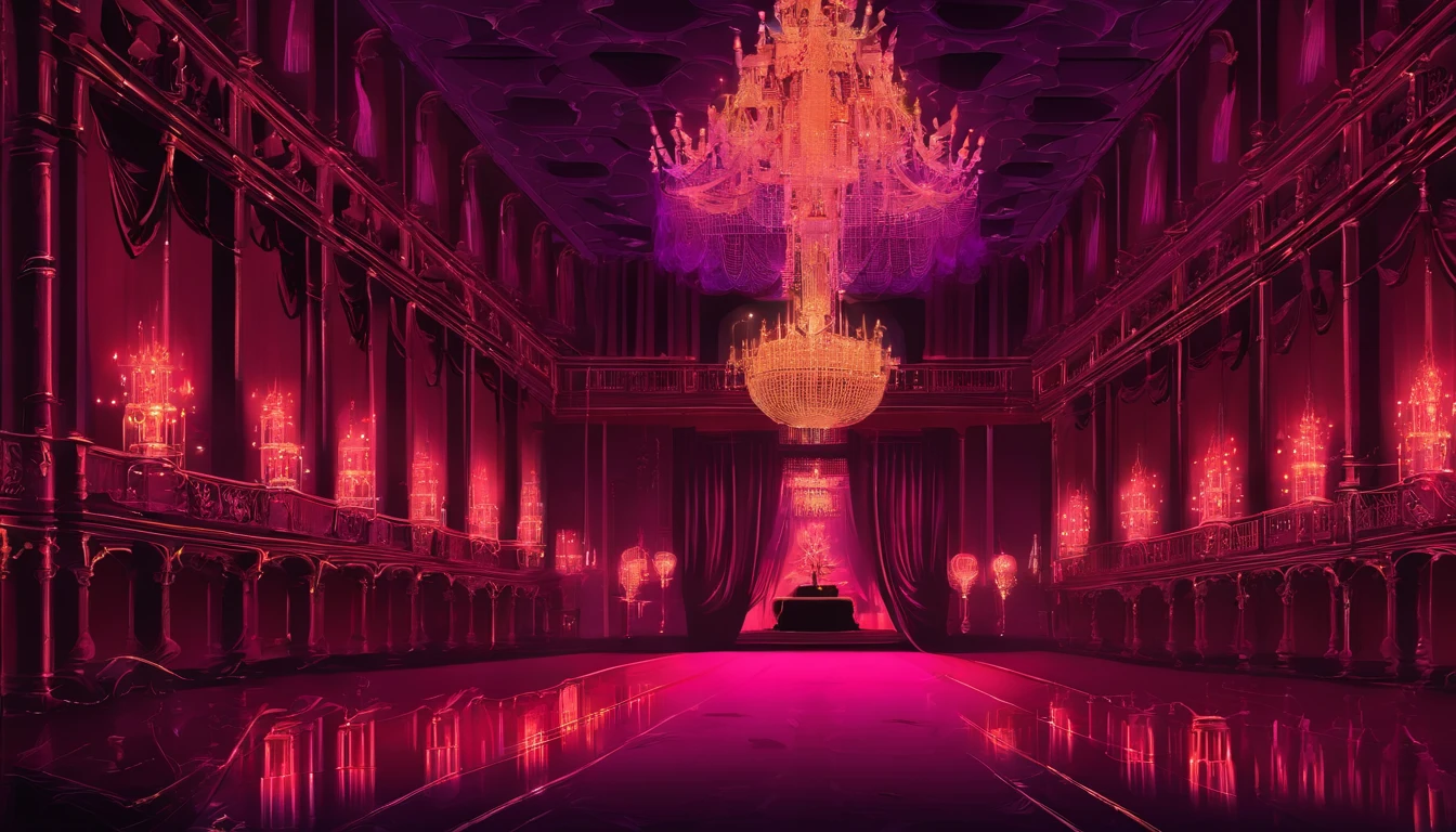 A dark red and purple regal ball room with high chandeliers hanging from the ceiling. There is an open floor. There are masquerade masked people dancing waltz and a banquet. There is music playing. It is evil and sinister.