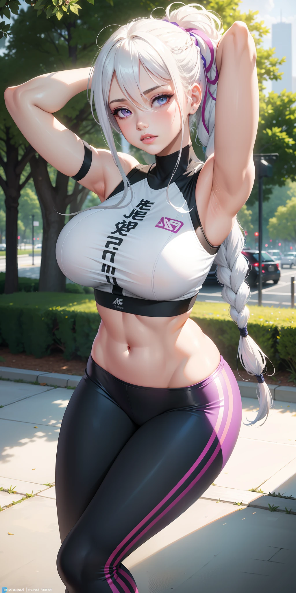 Big breasts ((beautiful and sexy girl)), long messy straight white hair, long braid, perfect eyes, detailed iris, light effect on the eyes, extremely sexy body, wears purple legging shorts and a stylish blouse, leggings, workout clothes, ((hyper detailed, hyper realistic, masterpiece, 16k, cinematic lighting)) parted lips, pink lips, cute expression, enchanting beauty woman, sensual pose: 1.4, park, trees, skyscraper in the distance, sunny day