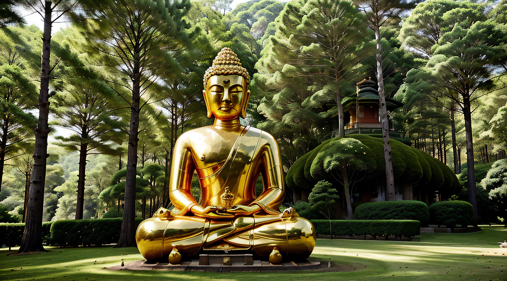 A giant Chinese-style Buddha statue in the distance,Golden Buddha statue, textura, alto, majestoso, imagem invertida, The background is illuminated by sunlight, towering trees, Peregrinos percorrem a estrada. The composition is beautiful, Com obras-primas, detalhes, and high definition