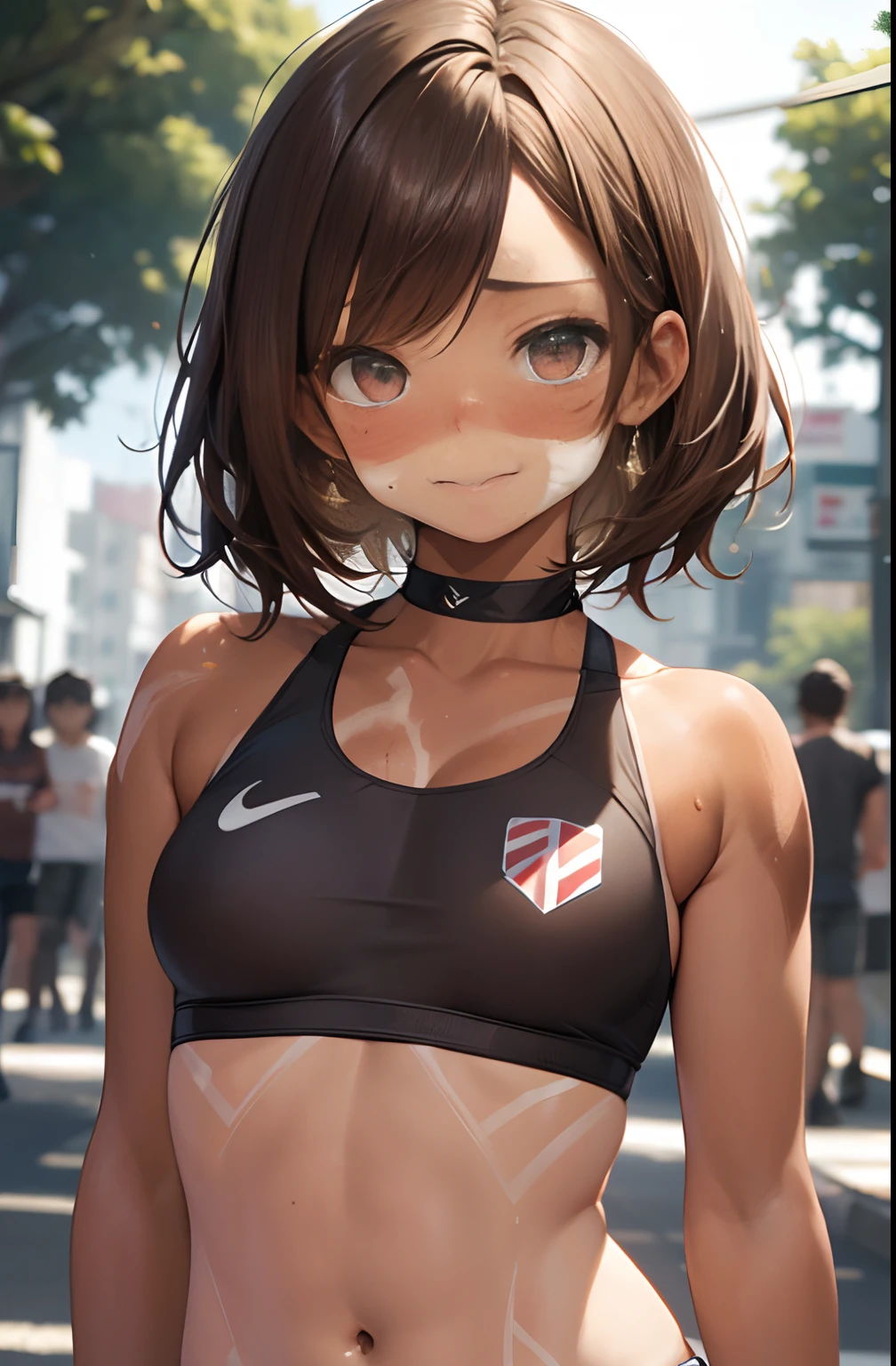 ((Masutepiece)), (1  chica), (Cara extra detallada, sonriente), corte de pelo corto, brown hair, little guy, (slim build), (Una chica japonesa), ((Miembro del Club de Atletismo, Corredor de larga distancia)), Cara ligeramente redonda, (tanned brown face:1.6), Lindo, ojos grandes