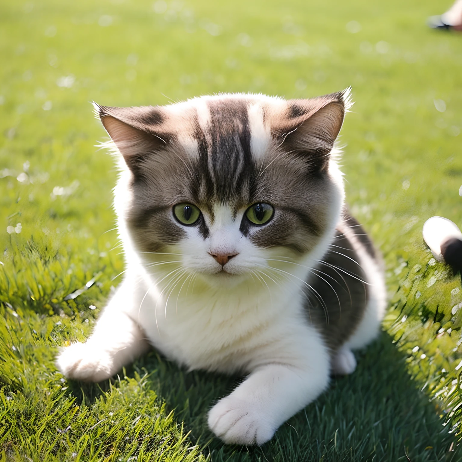 exotic short haircat playing on the lawn。
