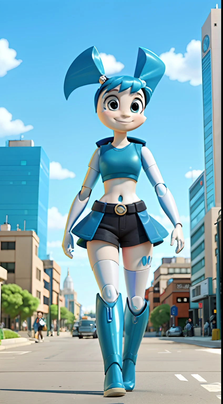 Walking down a futuristic city, looking at viewer, smiling, blue midriff, blue miniskirt, metallic body, robot joints, daytime, blue pigtails, blue knee high boots, vibrant colors