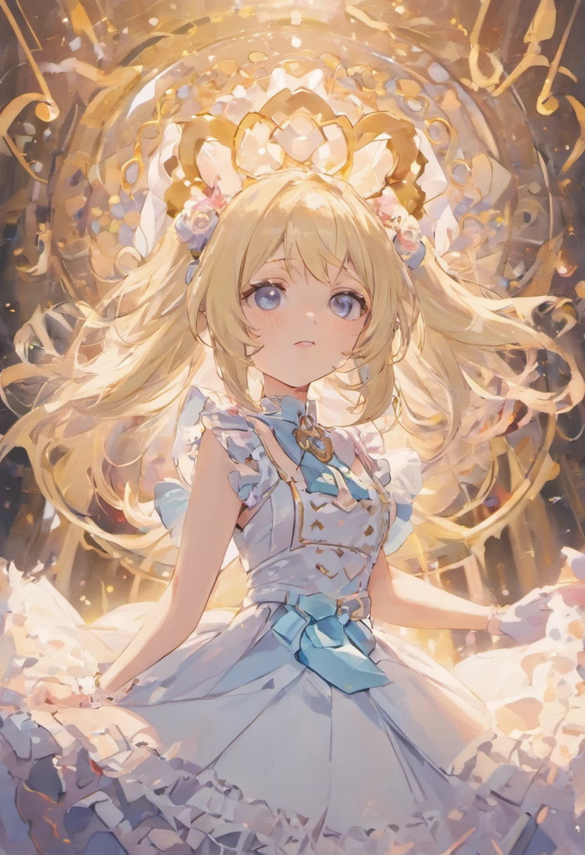 (tmasterpiece,best qualtiy:1.4),detailedbackground,White crystal,Crystal clusters,long whitr hair,jewely,耳Nipple Ring,choker necklace,tiara crown,the bride,whaite hair,The halo,alice in the wonderland,Blue Lolita dress,White apron