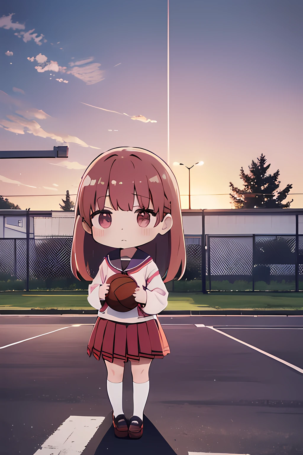 8k, masterpiece, checkered stockings, red-pink hair, yuinyan, white school uniform, sad face, looking sideways, hands on each other in front of skirt, scenery, japanese school roof, late evening, basketball court away, purple-warm yellow colors, orange particles in the air