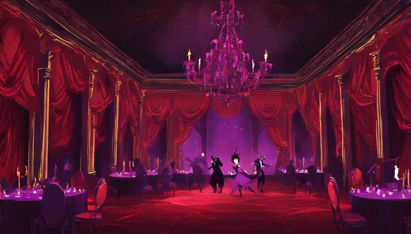A dark shadowy dimly lit red and purple regal ball room with high chandeliers hanging from the ceiling. There is an open floor. There are masquerade masked people dancing waltz and a banquet. There is music playing. It is evil and sinister.