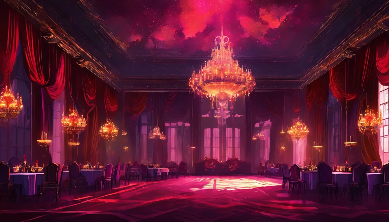 A dark shadowy dimly lit red and purple regal ball room with high chandeliers hanging from the ceiling. There is an open floor. There are masquerade masked people dancing waltz and a banquet. There is music playing. It is evil and sinister.