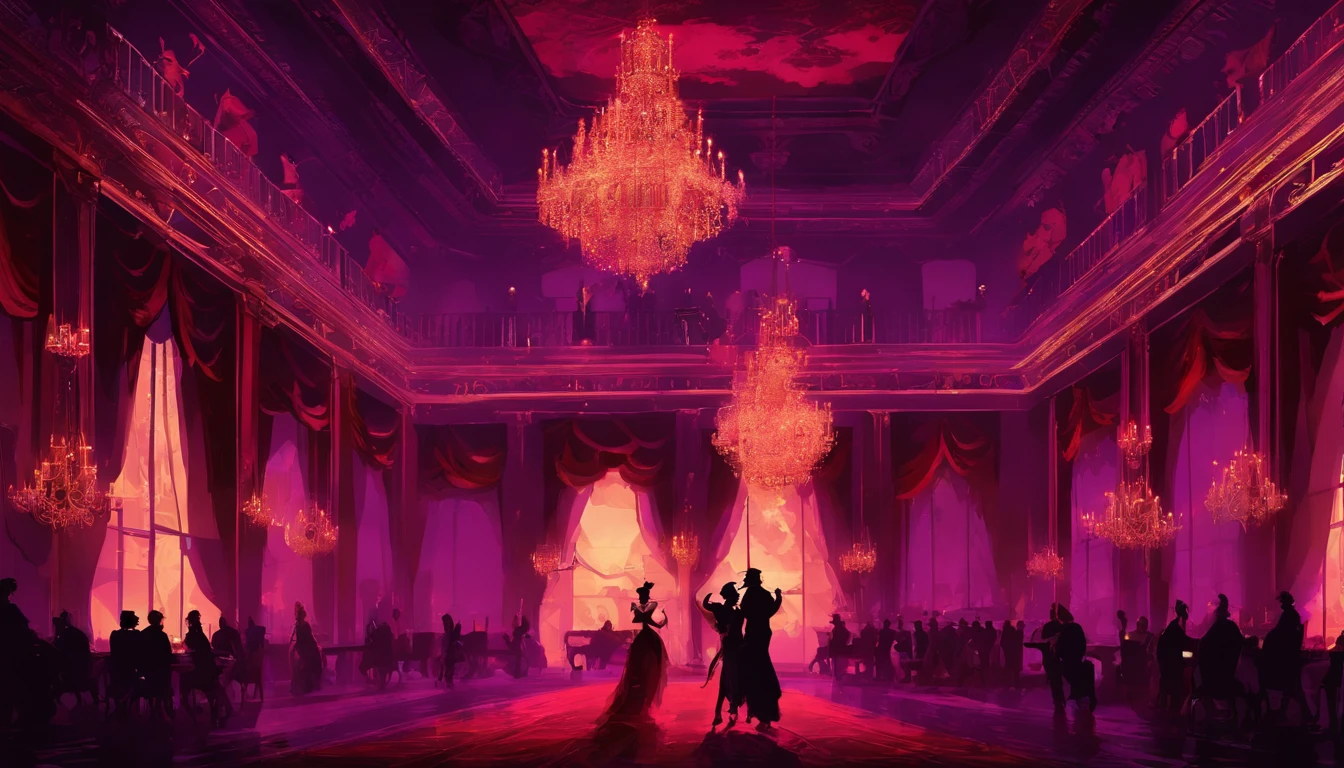 A dark shadowy dimly lit red and purple regal ball room with high chandeliers hanging from the ceiling. There is an open floor. There are masquerade masked people dancing waltz and a banquet. There is music playing. It is evil and sinister.