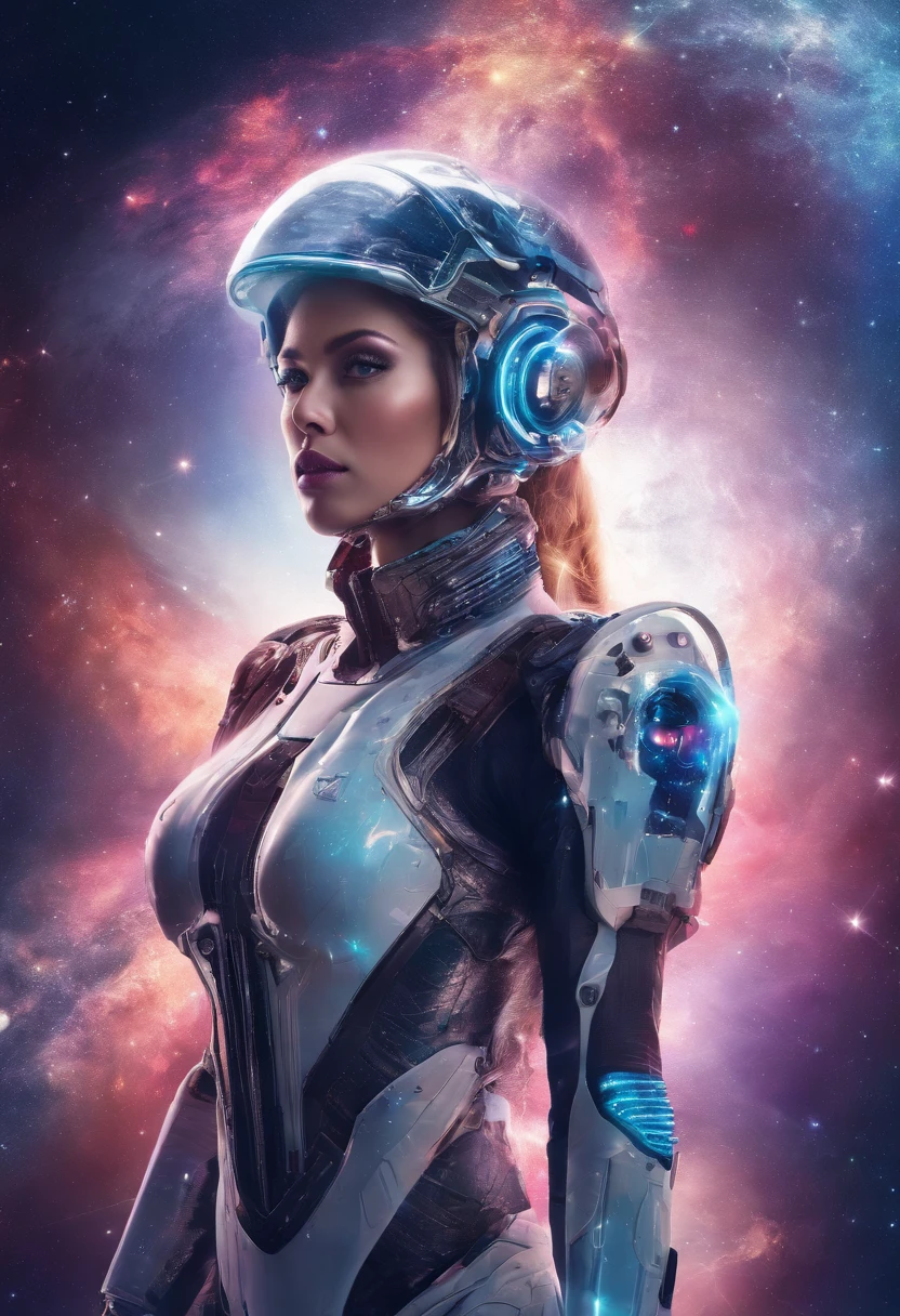 create a image of a beautiful women,half machine half human