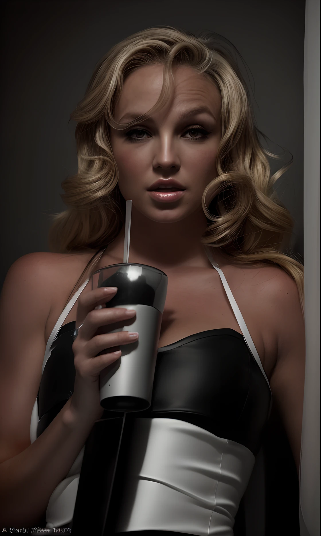 uma foto em preto e branco de britney spears, com uma bebida, , monochromatic , melhor qualidade, realista, realista, Award-Winning Illustration, (rosto altamente detalhado e textura da pele), (corpo inteiro), (detalhe complicado: 1.2), (detalhe fino), (detalhe complicado), (cinematic lights, luz de fundo de melhor qualidade), lines sharp, foco nítido, Arte Oficial, unidade 8k papel de parede , ultra realista, muito realista, Absurdo, inacreditavelmente realista absurdo, tamanho de arquivo enorme, ultra-real, Arte de realista, RTX,((Foto de encerramento-up by award-winning studio)), , (cale a boca), , perfect hands, lindos olhos detalhados, rosto perfeito, corpo perfeito, detalhes ultra realista.