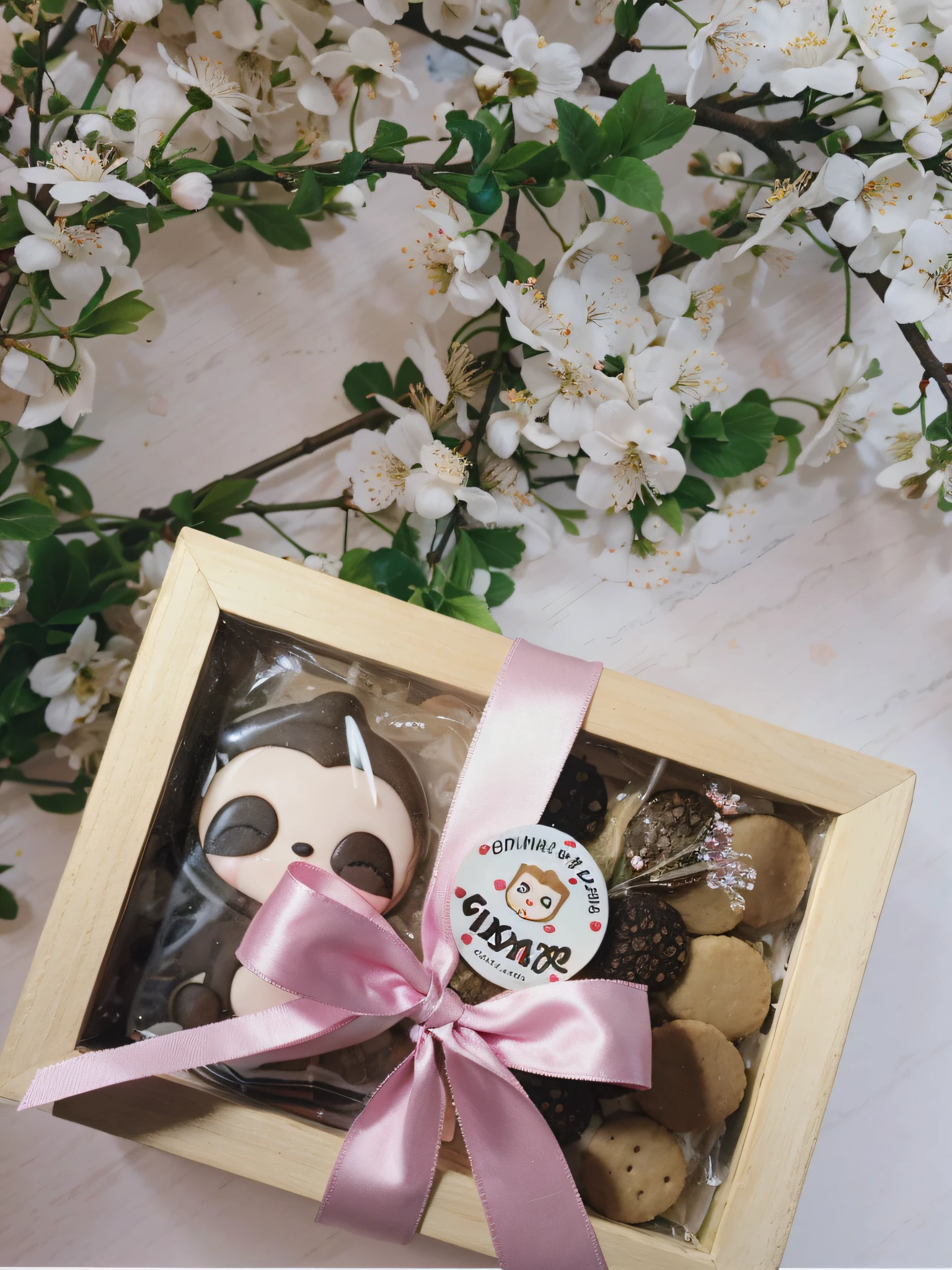 There's a box of biscuits with a lazy bixo children's biscuit, em uma bandeja de madeira, Feliz!!!, bonitinho, arrumado, em uma caixa de madeira. foto de cima para baixo, Presente, 8k!!, bom humor, 8k)), com um material de madeira, Cheburashka, Monika, so cute, kawaii, doces, delicioso