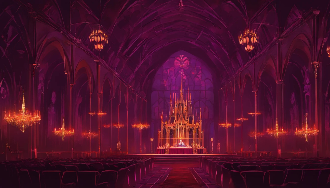 A demonic church dark shadowy dimly lit red and purple regal ball room with high chandeliers hanging from the ceiling. There is an open floor. There are masquerade masked people dancing waltz and a banquet. There is music playing. It is evil and sinister.