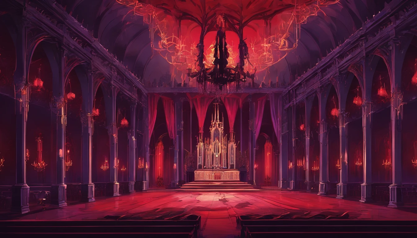 A demonic church dark shadowy dimly lit red and purple regal ball room with high chandeliers hanging from the ceiling. There is an open floor. There are masquerade masked people dancing waltz and a banquet. There is music playing. It is evil and sinister.