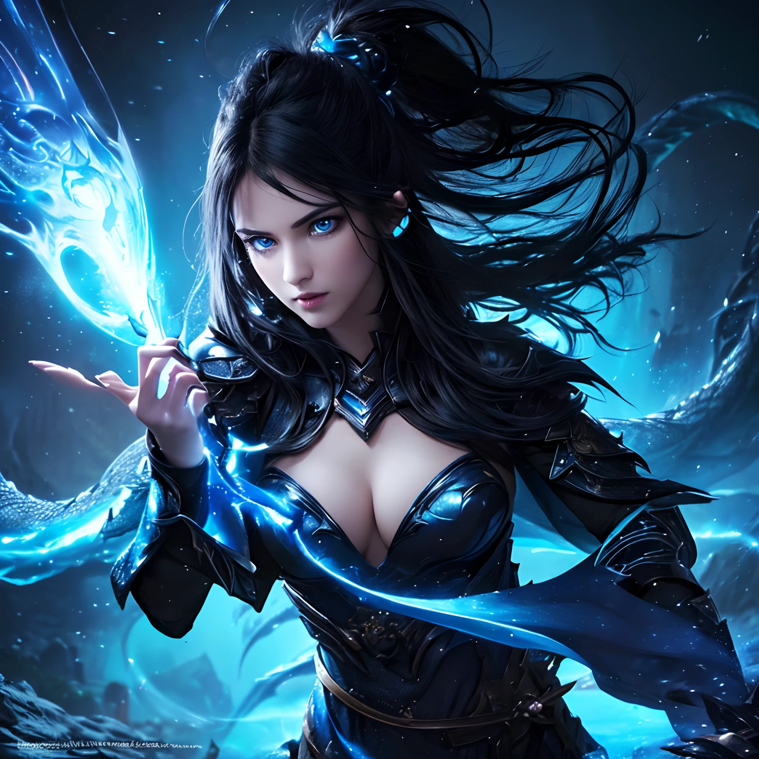 (a magical warrior:1.2,black hair:fine,dark pale skin:0.9,piercing bright blue eyes,serious expression,ultra-detailed), (a dragon:1.1) observing her from the background,(magic:1.1) flowing from her hands, (natural light:1.1),(best quality,4K,highres:1.2),(realistic:1.37), (portraits:1.2).