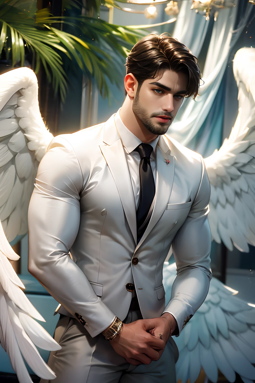 1 man, alone, handsome young, Latin mulatto skin, attractive features, tan tone skin, dark blue eyes, friendly expression, huge white wings coming out of his back, 2 angel wings, physical fitness, medium man haircut long, black brown hairstyle, small beard, casual clothing, urban outfit, red suit, full body tattoos. emotion: waving, setting: aboard a ship at sea