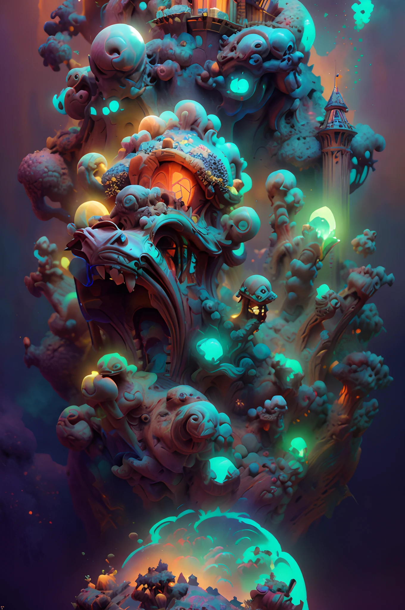 a painting of a fantasy castle surrounded by clouds and glowing lights, 4k highly detailed digital art, detailed fantasy digital art, 4k detailed digital art, dan mumford. maya render, detailed digital 2d fantasy art, detailed digital 3d art, colorfull digital fantasy art, 3d digital art 4k, 3d render digital art, 3 d render beeple