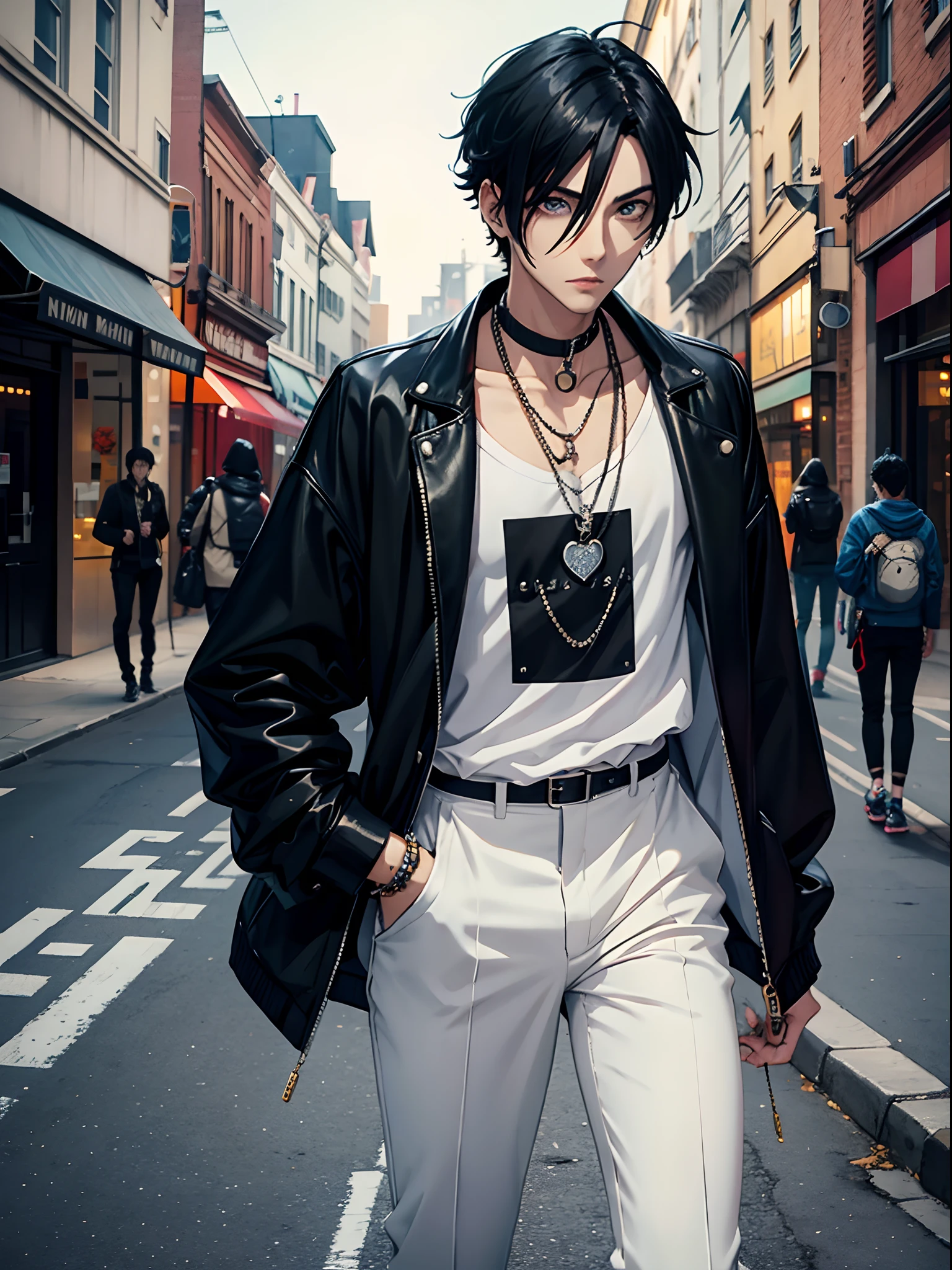 anime slim man with black hair, streetstyle clothes, jewelry
