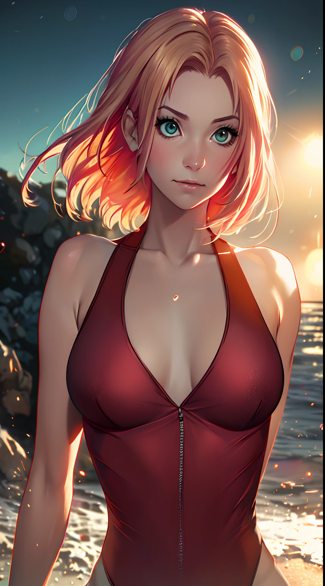 Sakura Uchiha Vortex is super realistic,detail-rich,Super short blonde hair, ninja one piece swimsuit:1.2,one-girl,Large breasts,cleavage,Be red in the face,best qualityer,tmasterpiece, Johnny Depp walks across the beach at night among fireflies,sharp fokus, contrasty lighting, Delicate skin, High resolution 8K, insanely details, realisticlying, professional photoshooting, 8K UHD, SLR camera, softlighting, high high quality, filmgrain, Fujifilm XT3,Keep one's mouth shut,particle fx